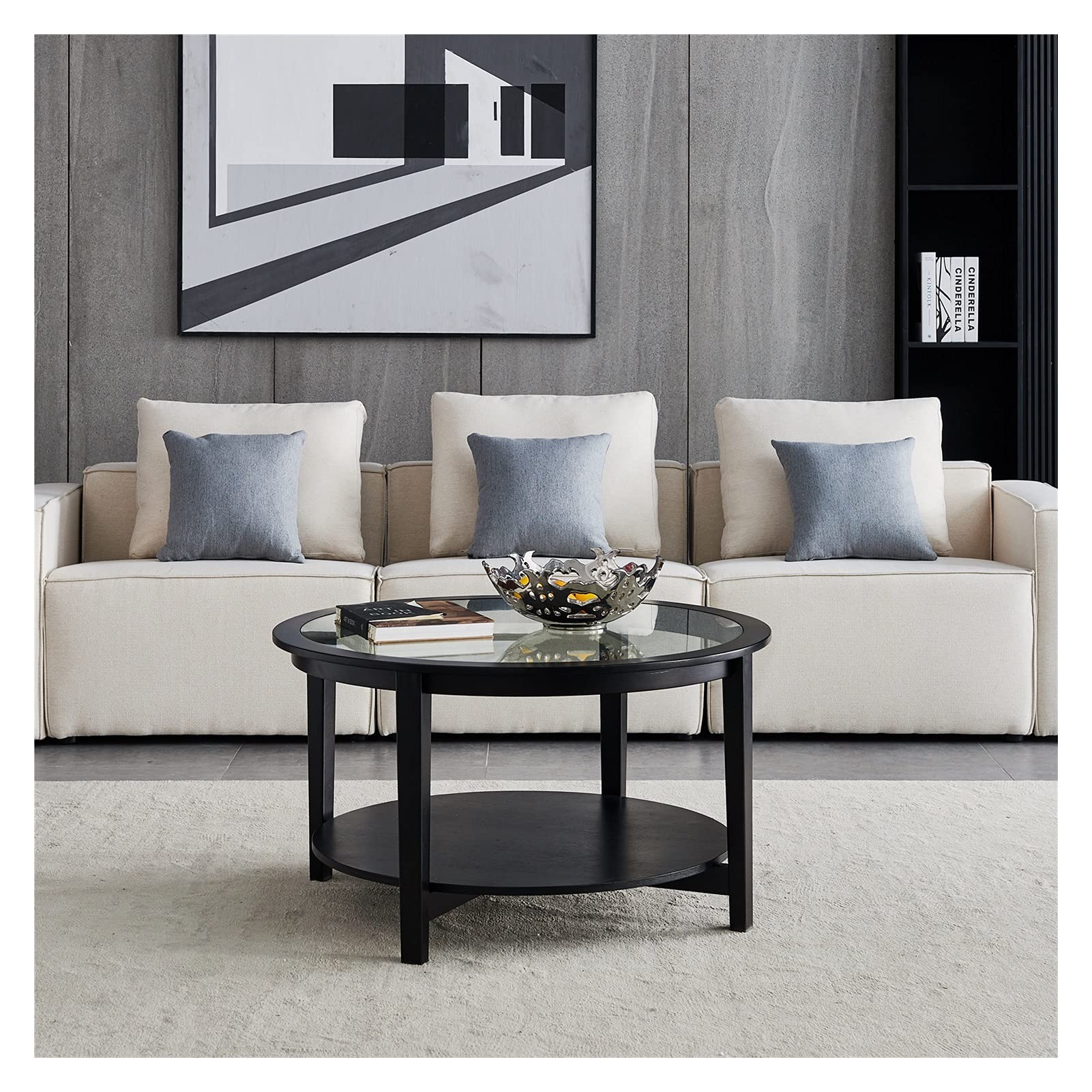 2-Tier Round Coffee Table - Modern Glass Top & Walnut Base for Living Room, Office, or Conference Room - Black Contemporary Side Table for Home Decor, Dining, Study Desk, and Leisure Tea Time