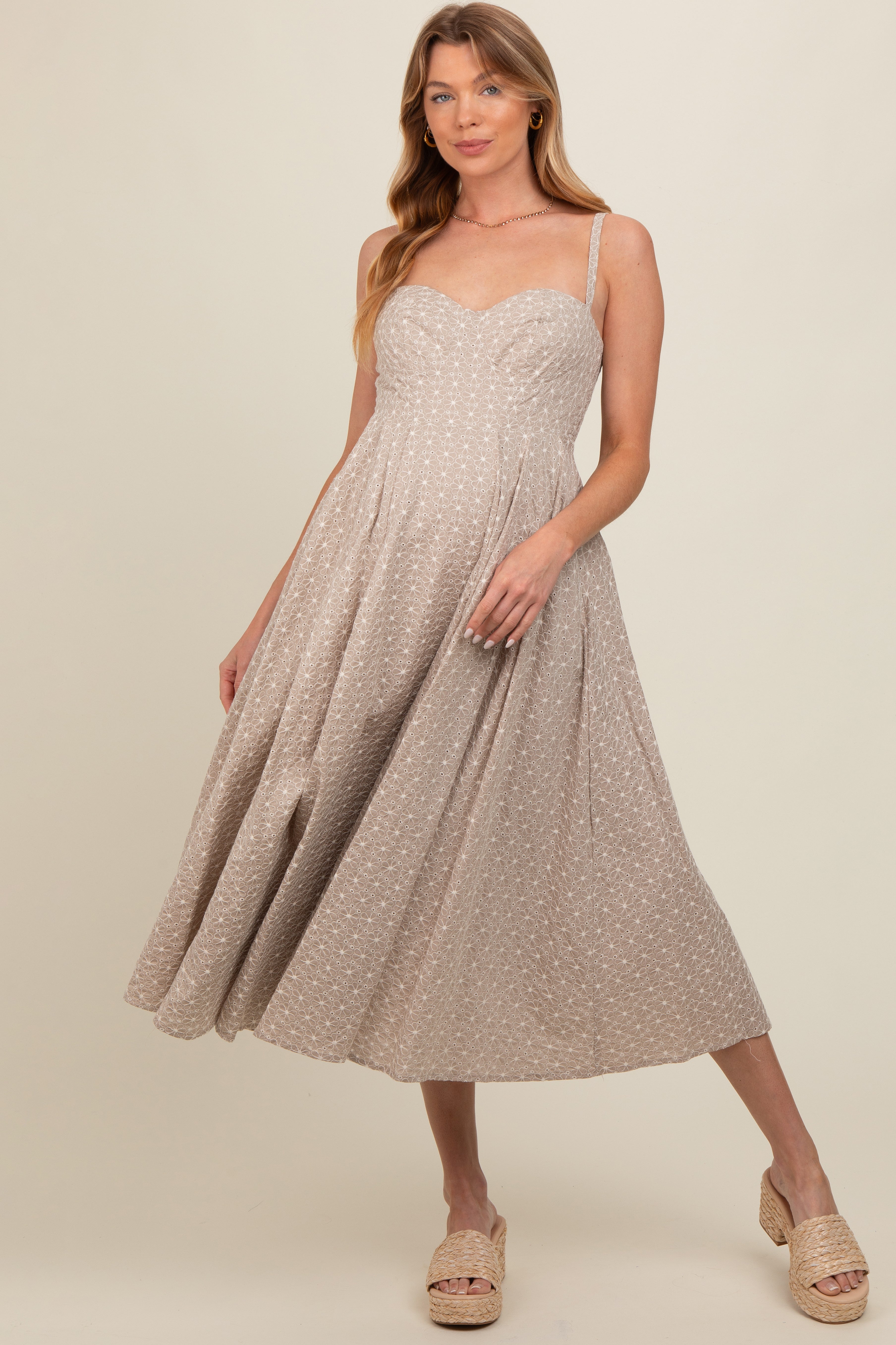 Beige Floral Embroidered Maternity Maxi Dress for Pregnancy - Comfortable Summer Nursing Dress for Baby Shower, Beach & Photoshoot