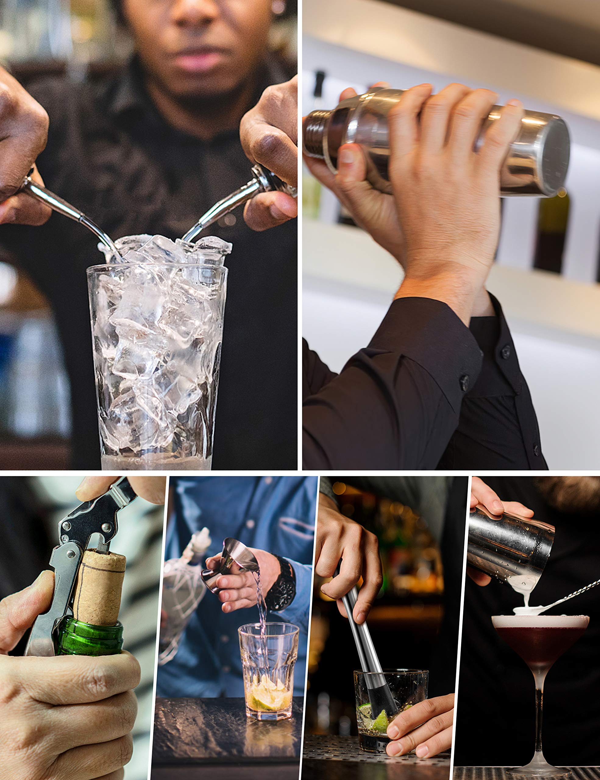 14-Piece Stainless Steel Bartender Kit with Rotating Stand - 25 oz Cocktail Shaker Set, Jigger, Spoon, Pourers, Muddler, Strainer, Tongs, Bottle Stoppers & Opener - Professional Bar Tools for Home Mixology & Cocktail Parties - Perfect for Bartenders, Home Bars & Entertaining Guests