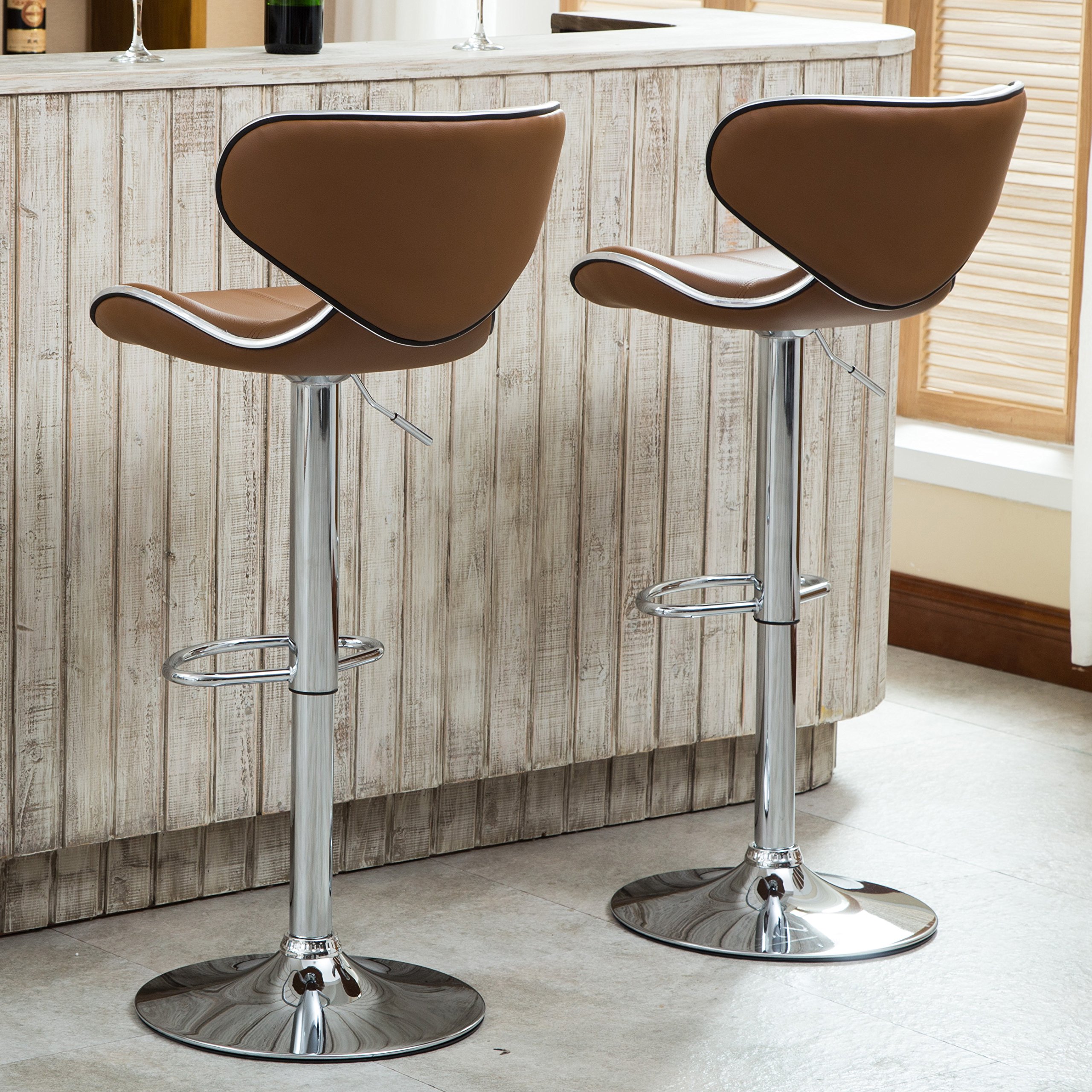 Roundhill Furniture Masaccio 2-Pack Adjustable Swivel Bar Stools - Leatherette Upholstered Counter Height Stools with Chrome Base & Airlift Mechanism, Caramel - Perfect for Kitchen Islands, Home Bars & Breakfast Nooks