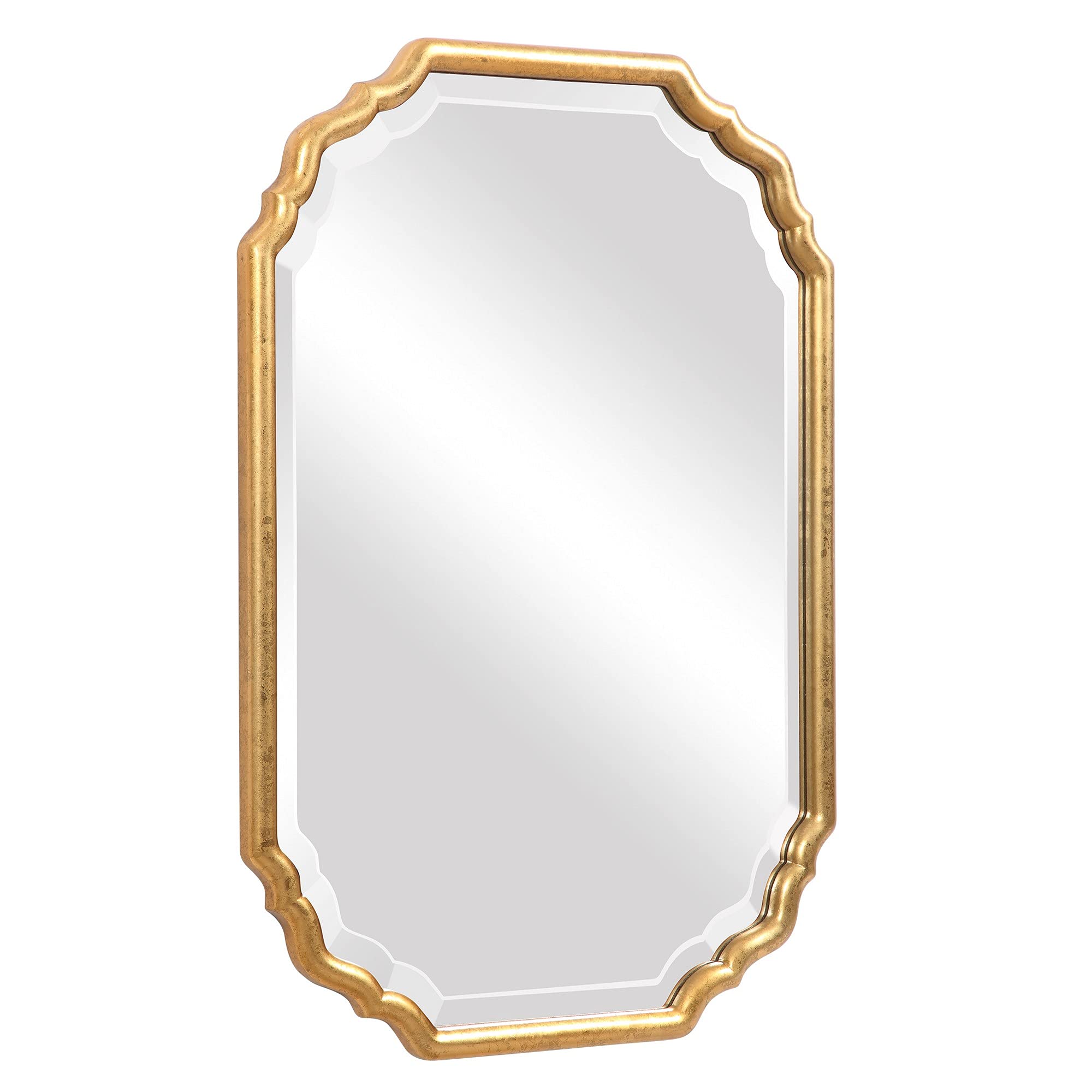 Benjara 32 Inch Gold Curved Wooden Vanity Mirror with Stand - Elegant Dressing Table Mirror for Bedroom, Bathroom & Makeup Station | Home Decor & Vanity Essentials