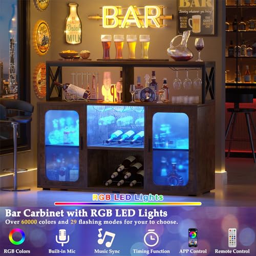 Aheaplus Rustic Brown Bar Cabinet with Power Outlets & LED Lights - Wine & Liquor Storage Cabinet with Glass Holder & Racks - Perfect for Home Bar, Coffee Station & Dining Room Buffet