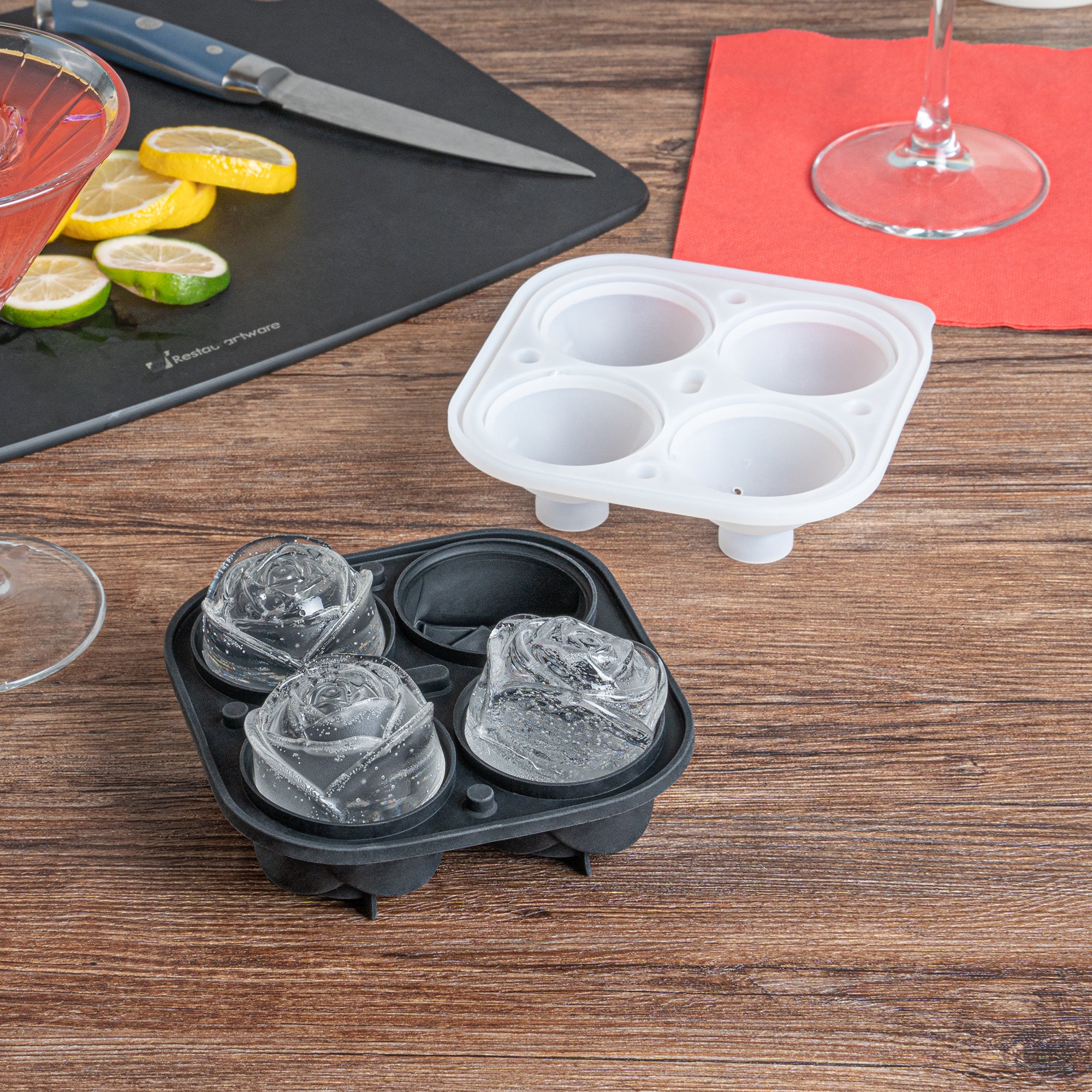Premium Black Silicone Ice Cube Tray with 2 Rose & 4 Compartment Designs - 1 Count Box - Perfect for Cocktails, Champagne & Romantic Dinner Decorations