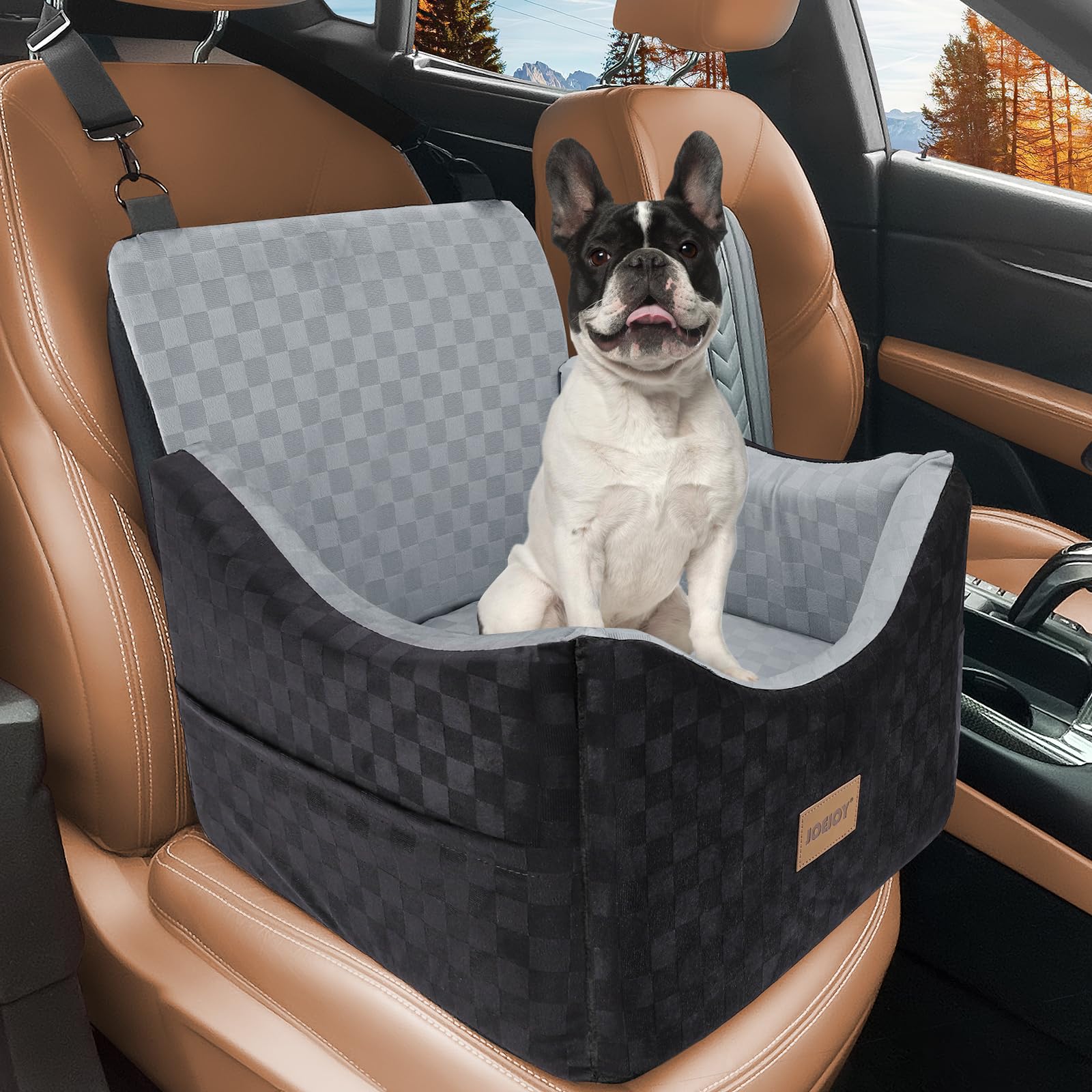 JOEJOY Elevated Memory Foam Dog Car Seat for Small & Medium Dogs (Up to 35 lbs) - Washable Pet Booster with Safety Belt & Storage Pockets - Travel-Safe Portable Bed for Cars, SUVs & Road Trips - Perfect for Commuting, Vet Visits & Family Vacations