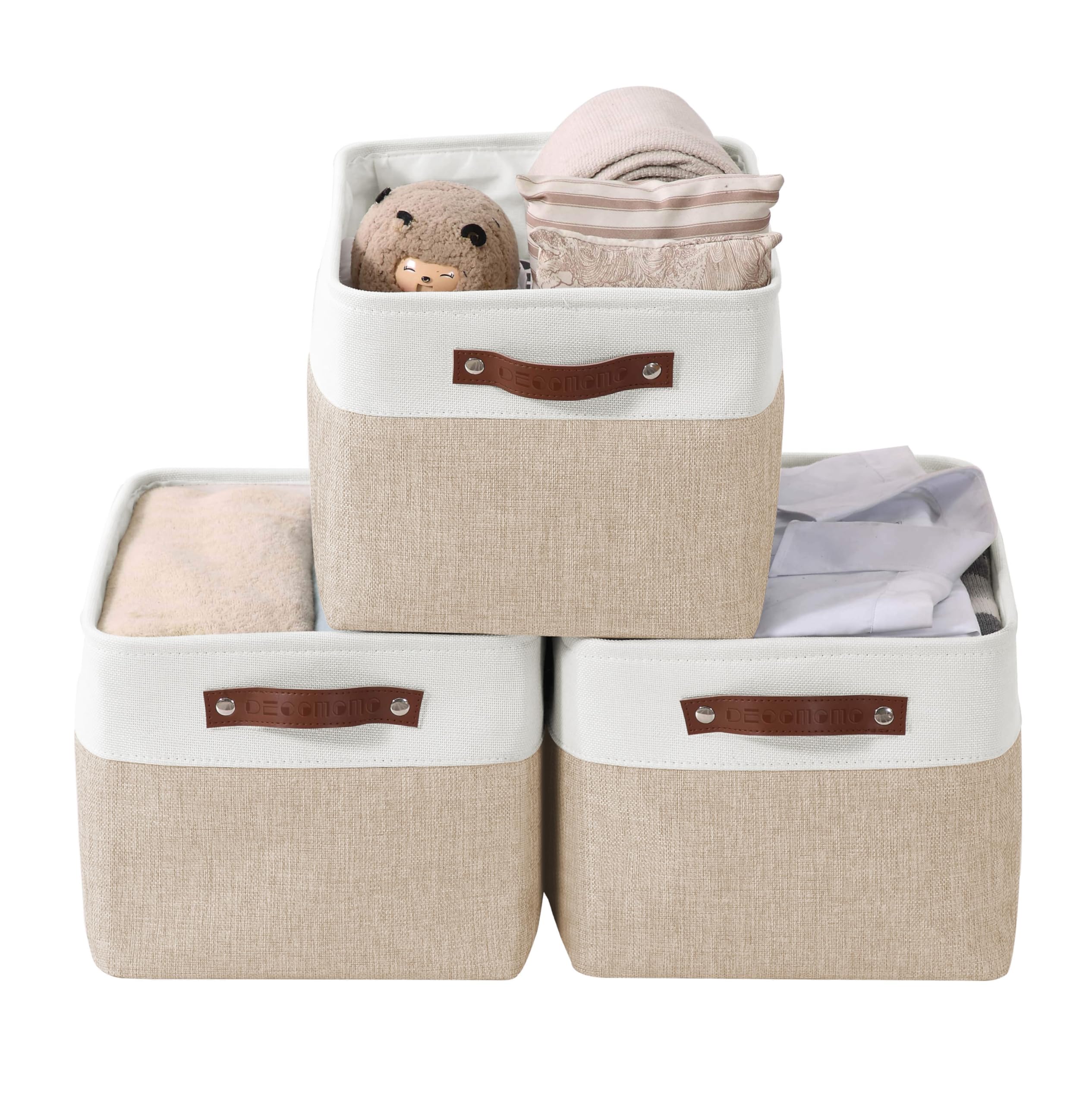 DECOMOMO Fabric Storage Bins - Large 3-Pack Beige & White Storage Baskets for Shelves, Linen Closet, Toy & Nursery Organization | Perfect for Home, Office & Kids Room Storage Solutions