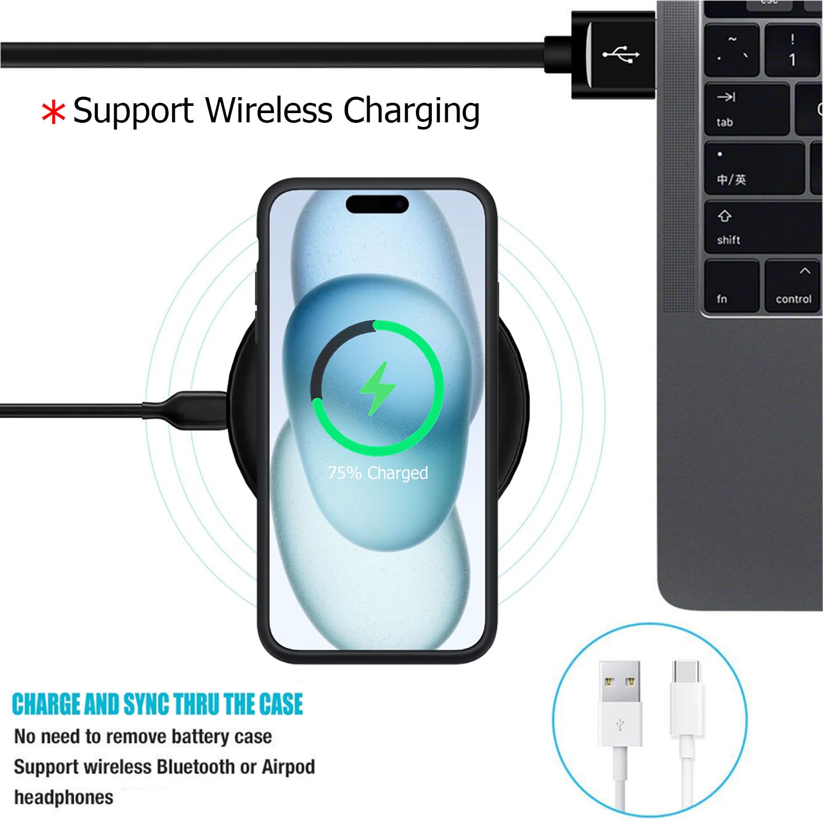 12000mAh iPhone 15 Plus Battery Case - High Capacity Rechargeable Charging Case with Wireless Charging & CarPlay Support | Portable Extended Battery Pack for iPhone 15 Plus (6.7