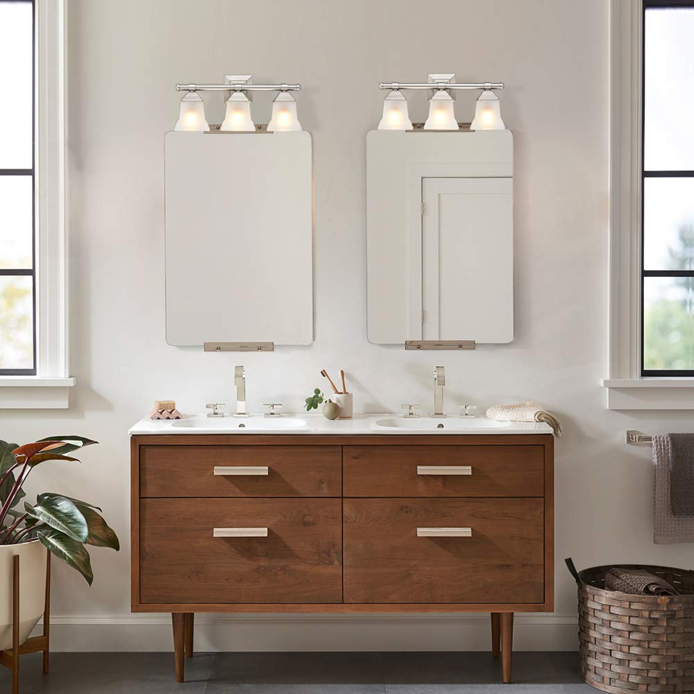 3-Light Brushed Nickel Bathroom Vanity Light Fixture with Frosted Milk Glass Shades - Modern Bathroom Lighting for Vanity Mirror, Powder Room & Master Bath Decor