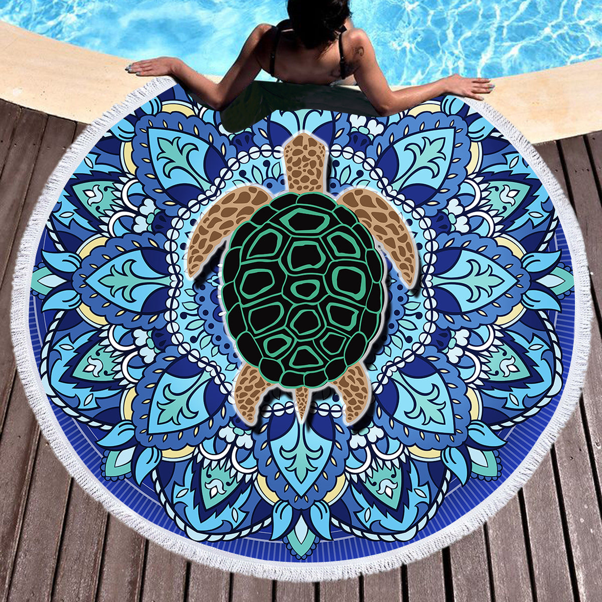 Blue Mandala Turtle Round Beach Towel - Soft & Absorbent Yoga Towel for Pool, Beach, Travel & Meditation - Perfect for Summer Vacation & Outdoor Activities