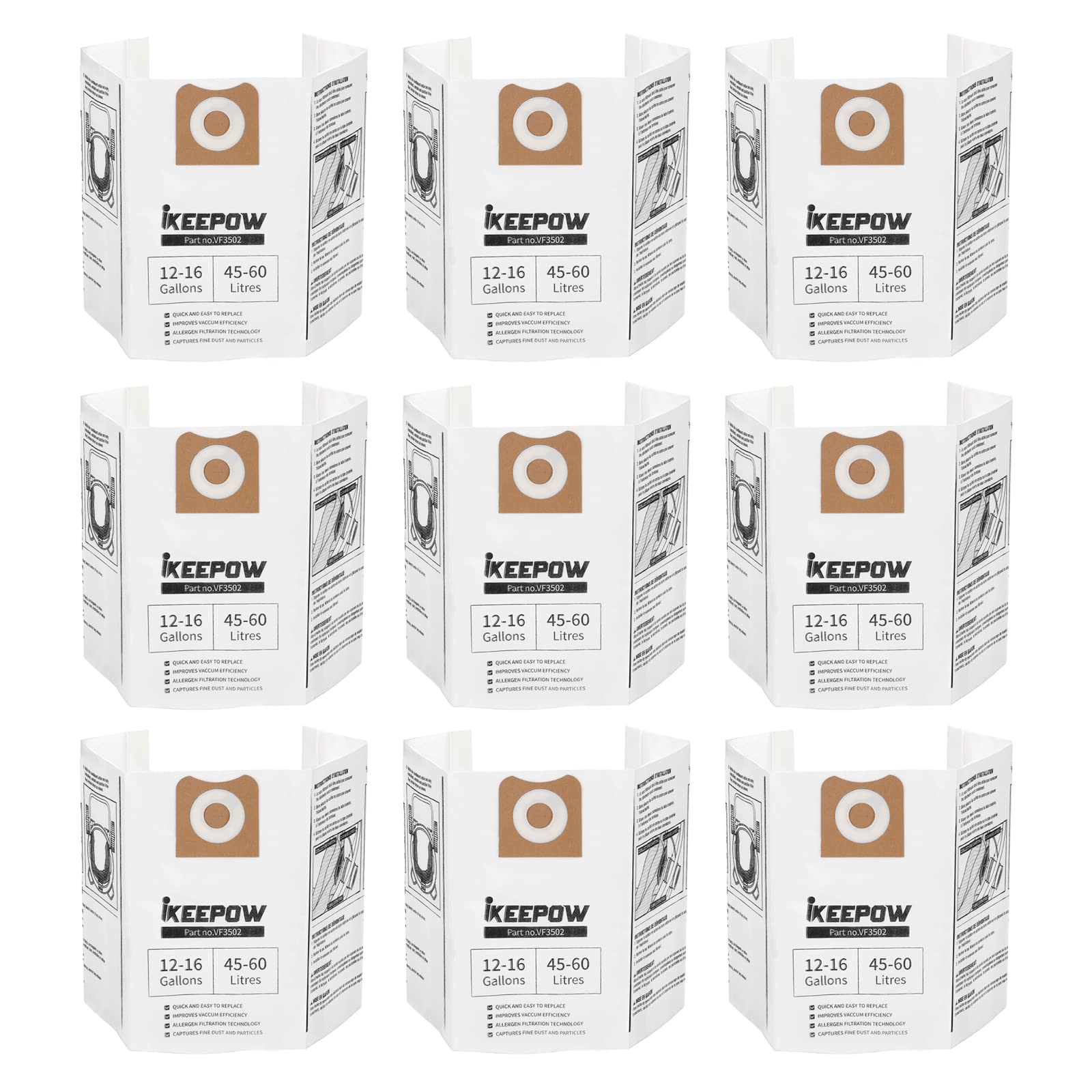 VF3502 Shop Vac Bags - 12-16 Gallon Replacement Dust Bags Compatible with Ridgid Wet Dry Vacuum, High Efficiency Filter Bags (9 Pack) - Perfect for Workshop, Garage, and Construction Site Cleanup