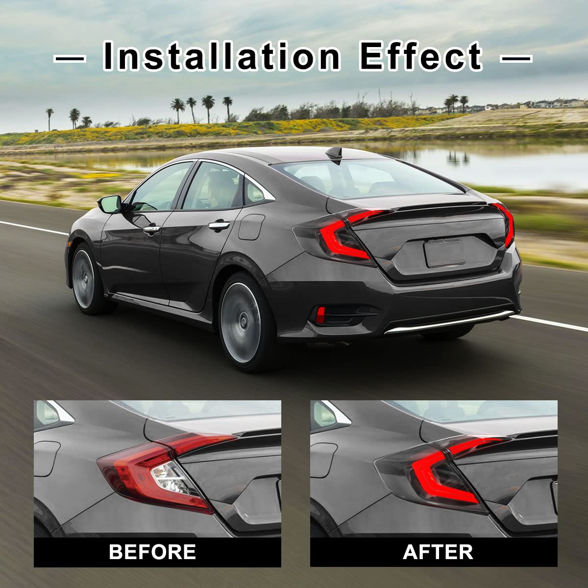 2016-2021 Honda Civic 10th Gen LED Tail Lights Assembly - Clear Lens with Turn Signal, DRL & Brake Light | Rear Lamp Replacement for Sedan Models | Perfect for Night Driving & Car Upgrades