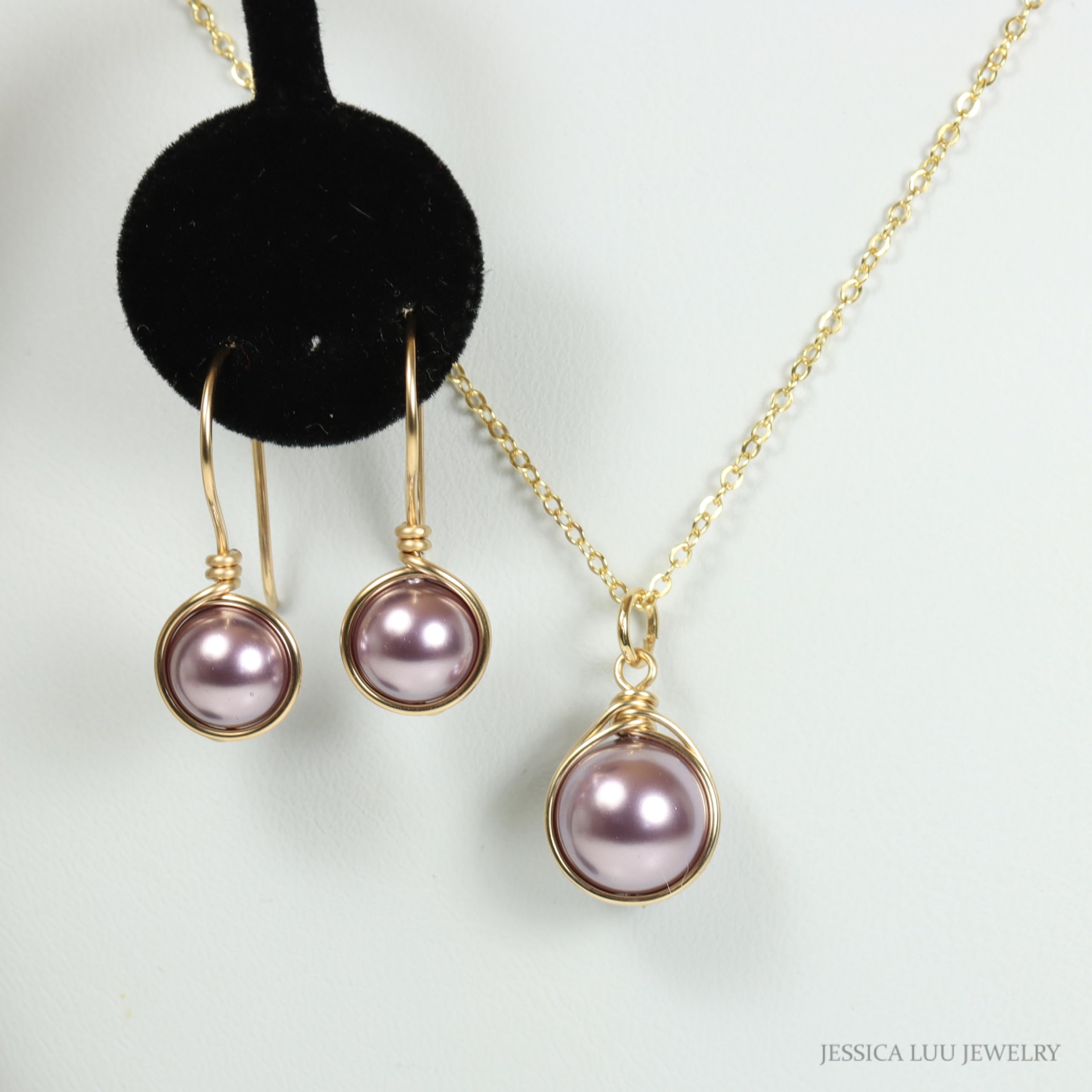 Handmade Gold Mauve Purple Pearl Earrings with Optional Necklace - Elegant Dangle Earrings for Women, Perfect for Weddings, Parties & Special Occasions