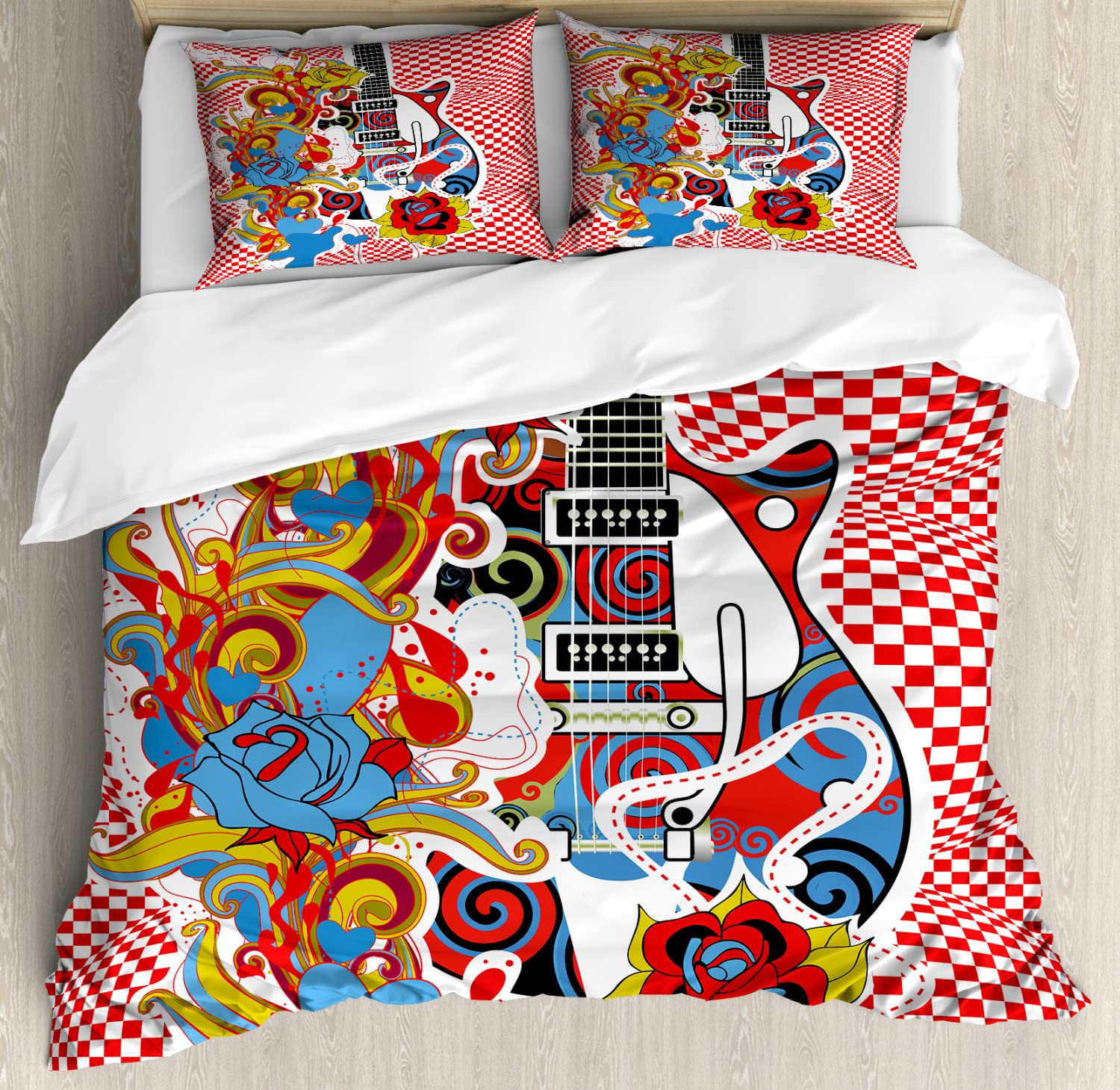 Vintage 60s Rock Music Duvet Cover Set - Colorful Abstract Floral & Guitar Design Checkered Pattern - 2 King Size Duvet Covers + 4 Pillowcases (Red & Aqua) - Perfect for Music Lovers Bedroom Decor & Bohemian Style Home