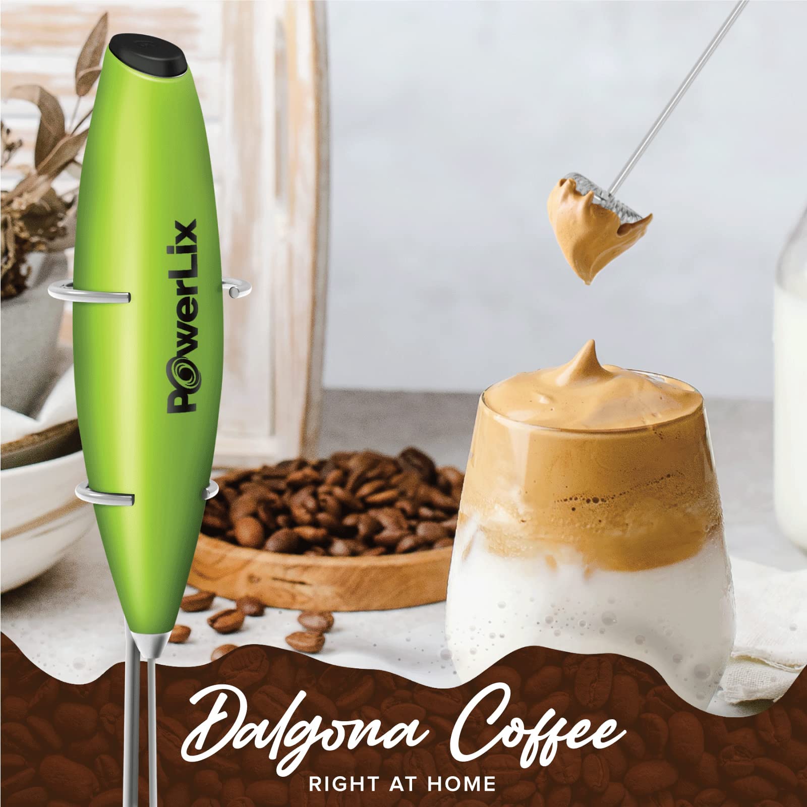 PowerLix Handheld Milk Frother - Battery Operated Foam Maker for Coffee, Latte & Cappuccino - Includes Stand (Black/Green) - Perfect for Home, Office & Travel Use