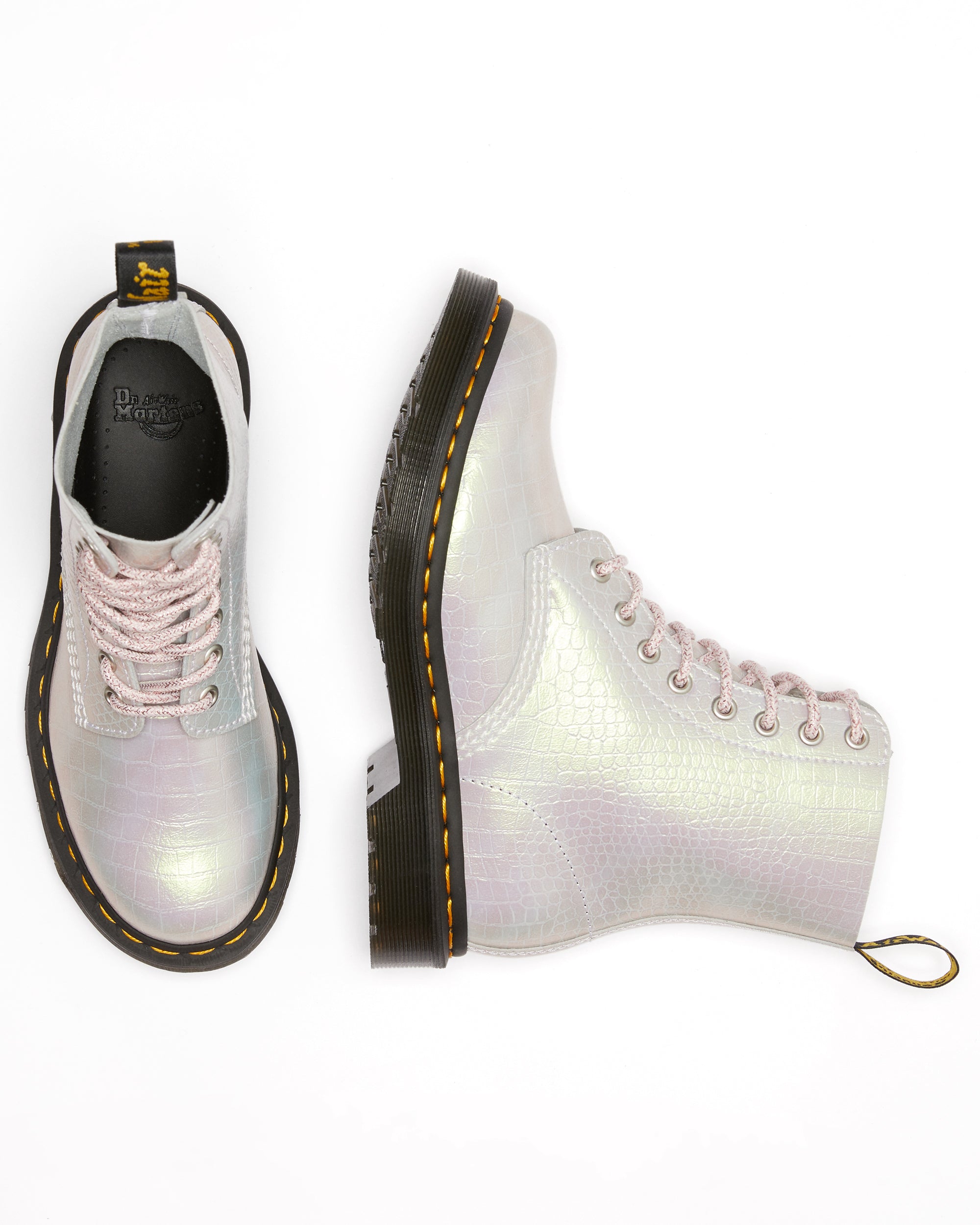 1460 Pascal Pink Iridescent Croc Leather Boots for Women | Shiny Metallic Ankle Boots | Perfect for Punk Fashion, Music Festivals & Streetwear Outfits