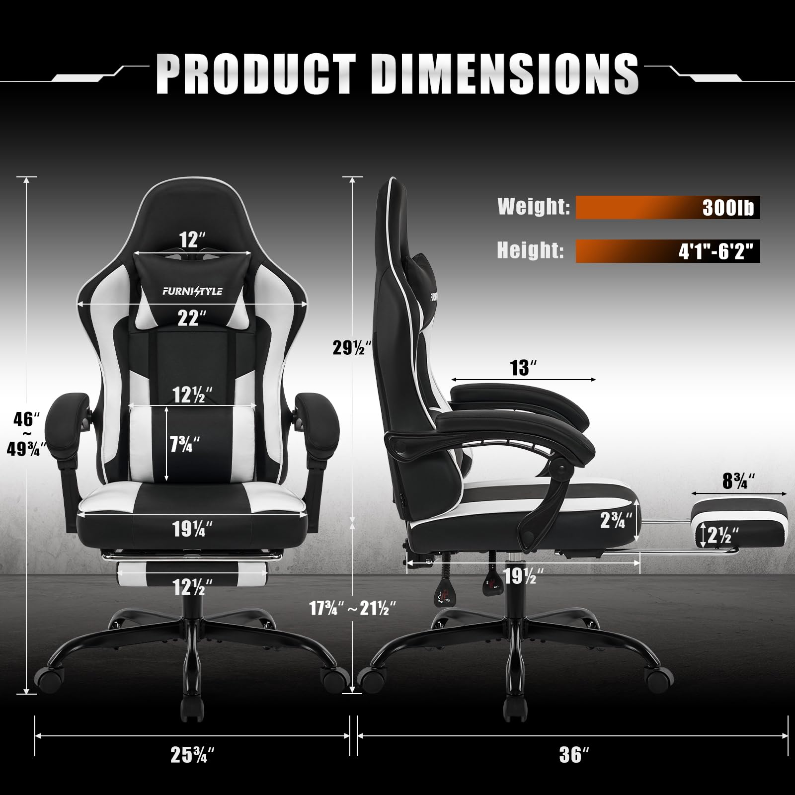 Ergonomic Gaming Chair with Adjustable Footrest & Lumbar Support - Reclining Computer Desk Chair for Adults with Linkage Armrests - PU Leather Office & Video Game Chair (Black-White) - Perfect for Esports, Streaming & Home Office Workspace