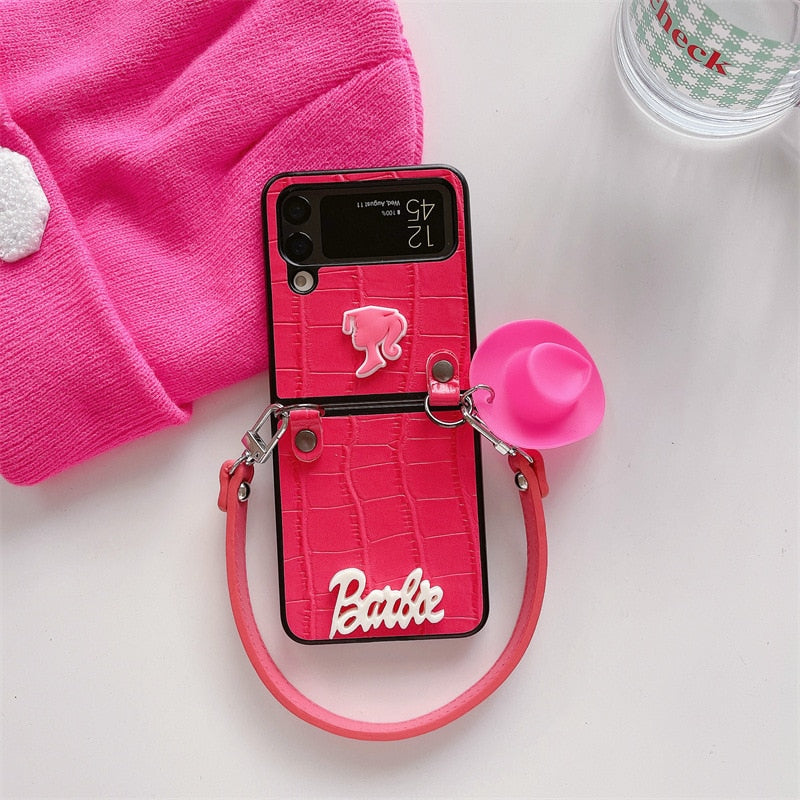 Barbie Fashion Leather Phone Case for Samsung Galaxy Z Flip 3/4 - Stylish Women's Smartphone Cover with Keychain, Perfect Gift for Her - Ideal for Daily Use, Work, and Travel