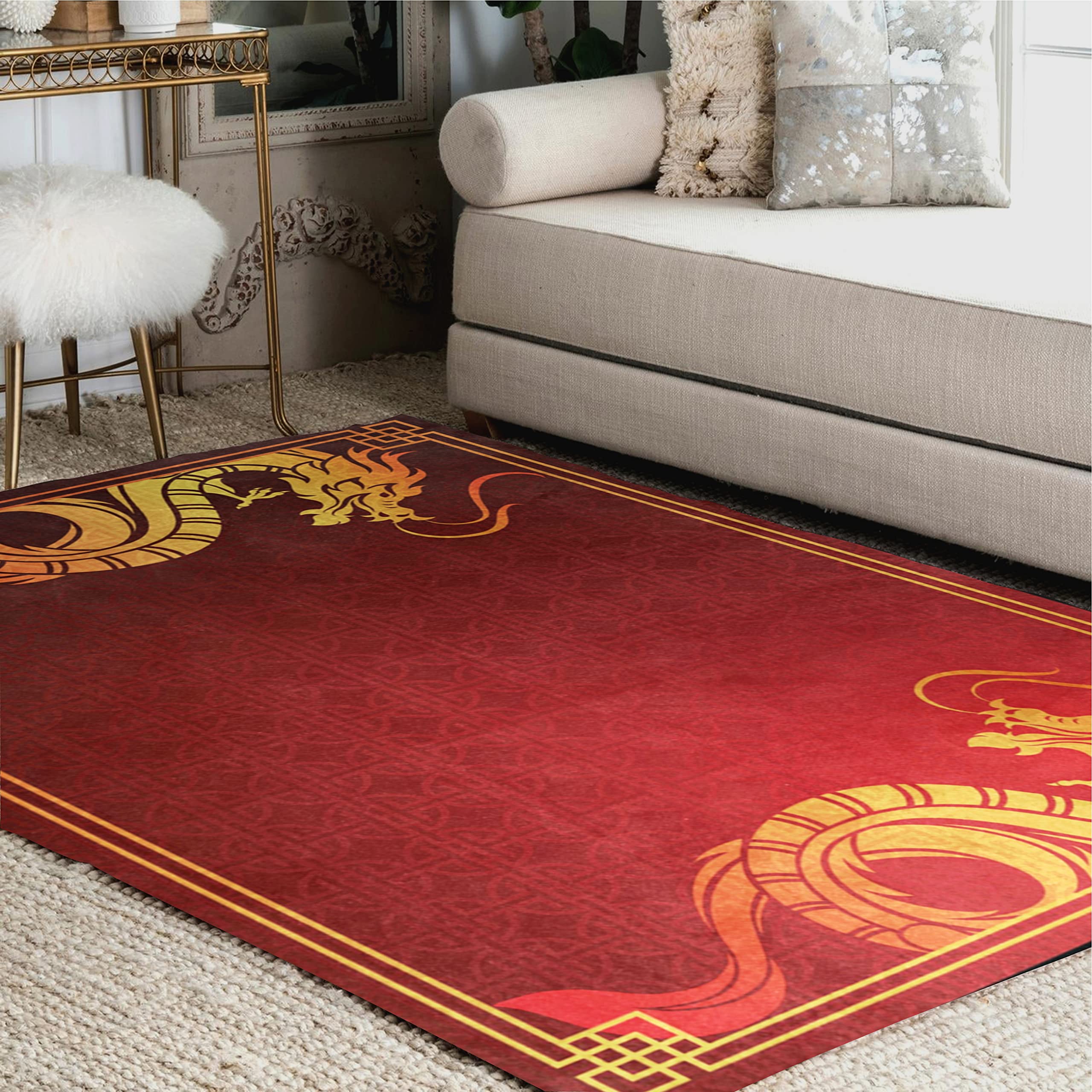 ALAZA Traditional Chinese Gold Dragon Red Area Rug 5'3