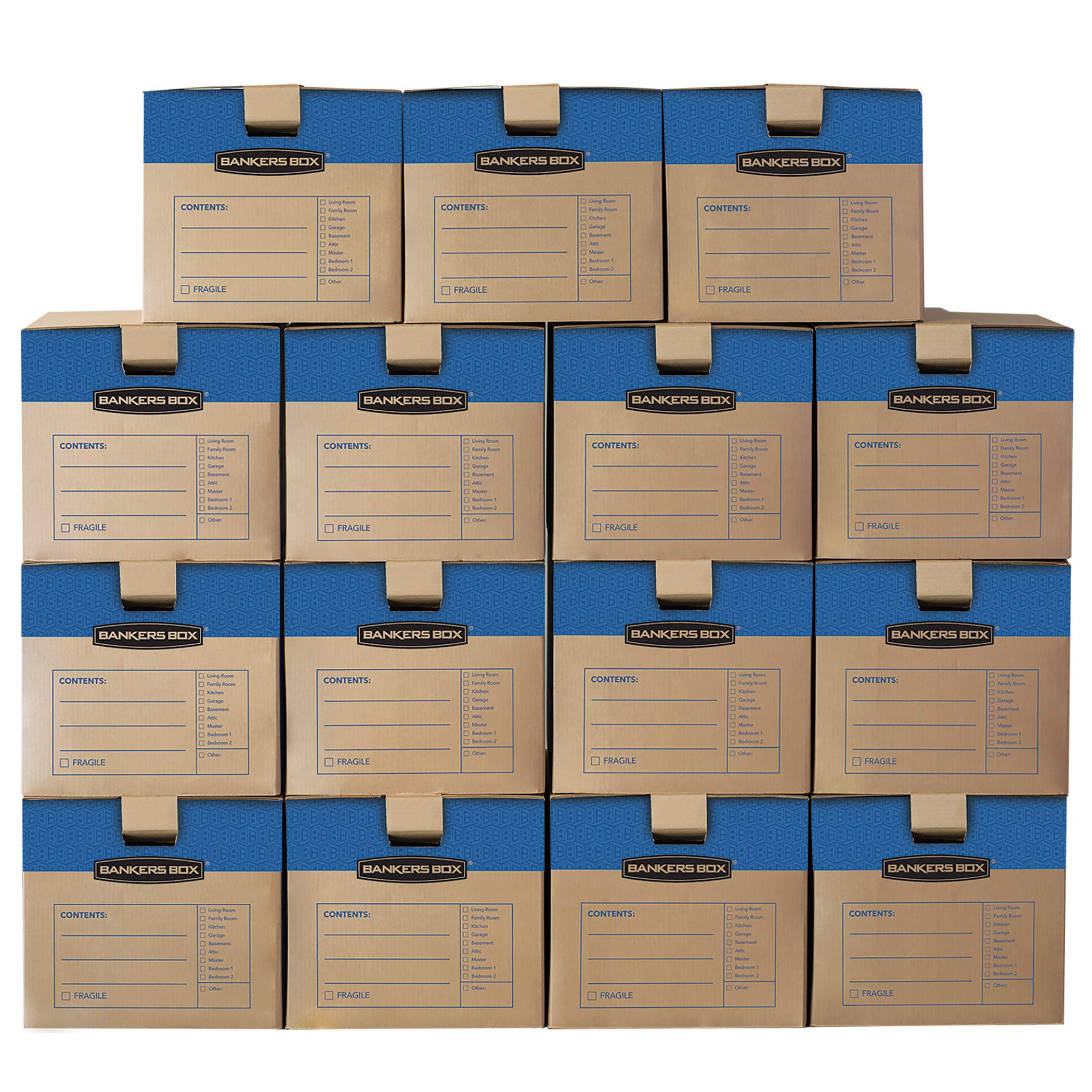 Bankers Box Medium Prime Moving Boxes - 15-Pack with Tape-Free FastFold, Reinforced Handles & Secure Locking Lid | Heavy-Duty Storage for Office, Home & Moving | Perfect for Documents, Books & Household Items