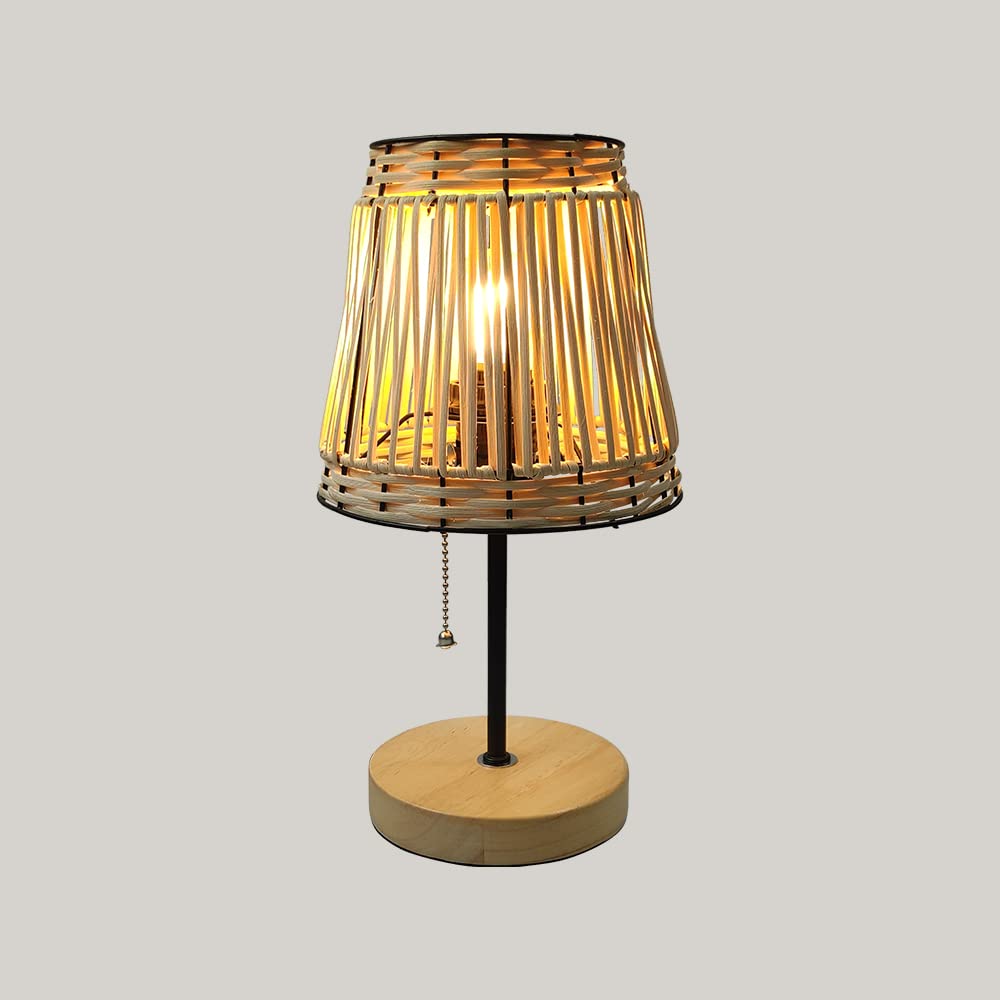 Handmade Bohemian Rattan Bedroom Small Table Lamp with White Rattan Shade, Natural Vine Color, Pull Chain Holder, E26 Bulb Included - Perfect for Bedside, Living Room, or Cozy Reading Nook
