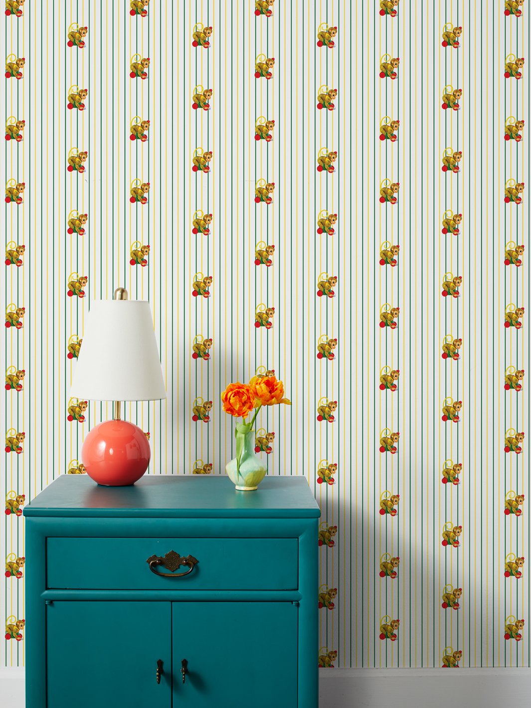 Fisher Price™ Chatter Monkey Stripes Wallpaper - White | Fun & Playful Nursery Decor for Kids' Rooms & Play Areas