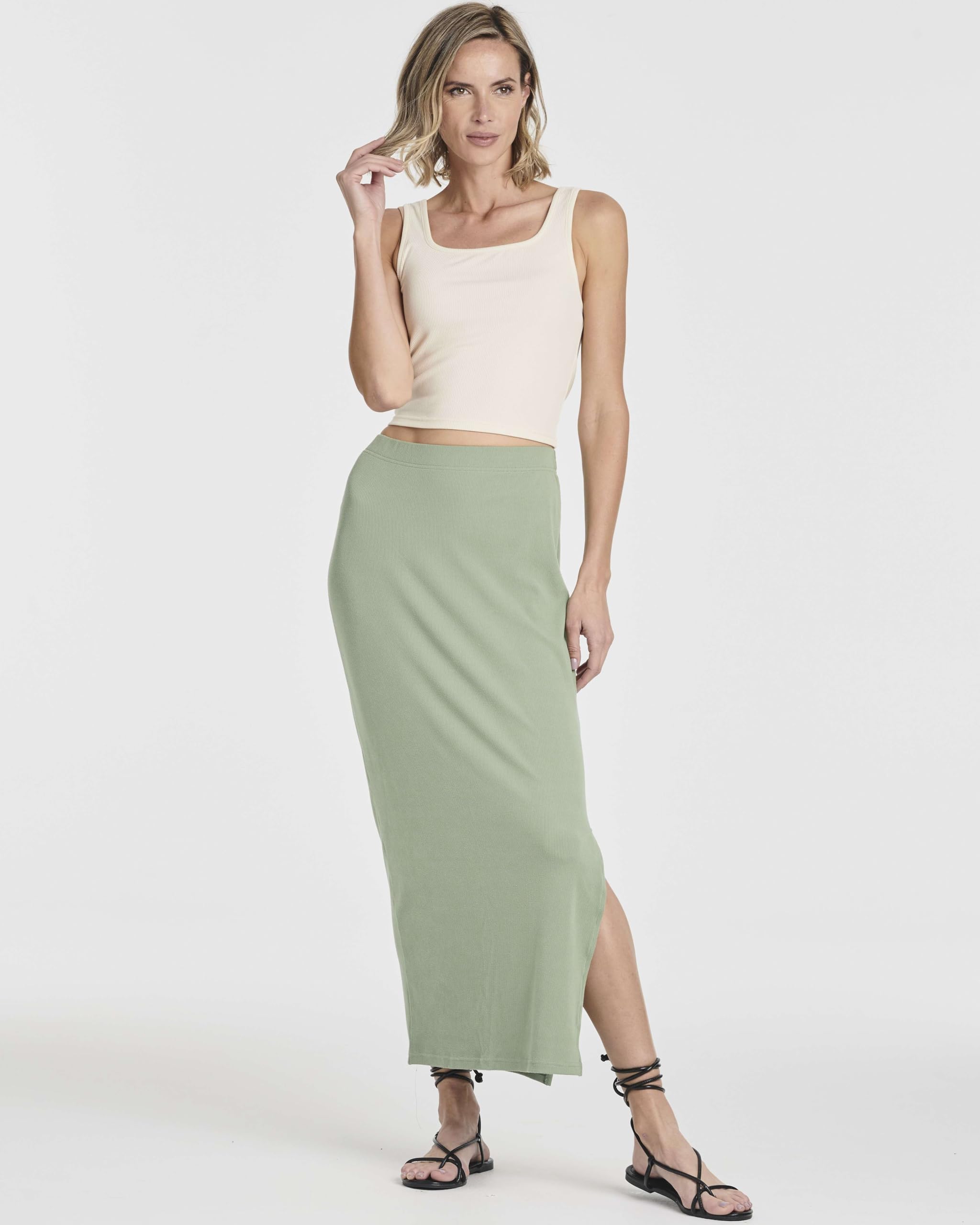 Real Essentials 3 Pack Women's Ribbed High Waisted Maxi Skirt with Side Slit - Stretchy Long Pencil Skirt for Women, Plus Size Options - Perfect for Office, Date Night & Casual Outings
