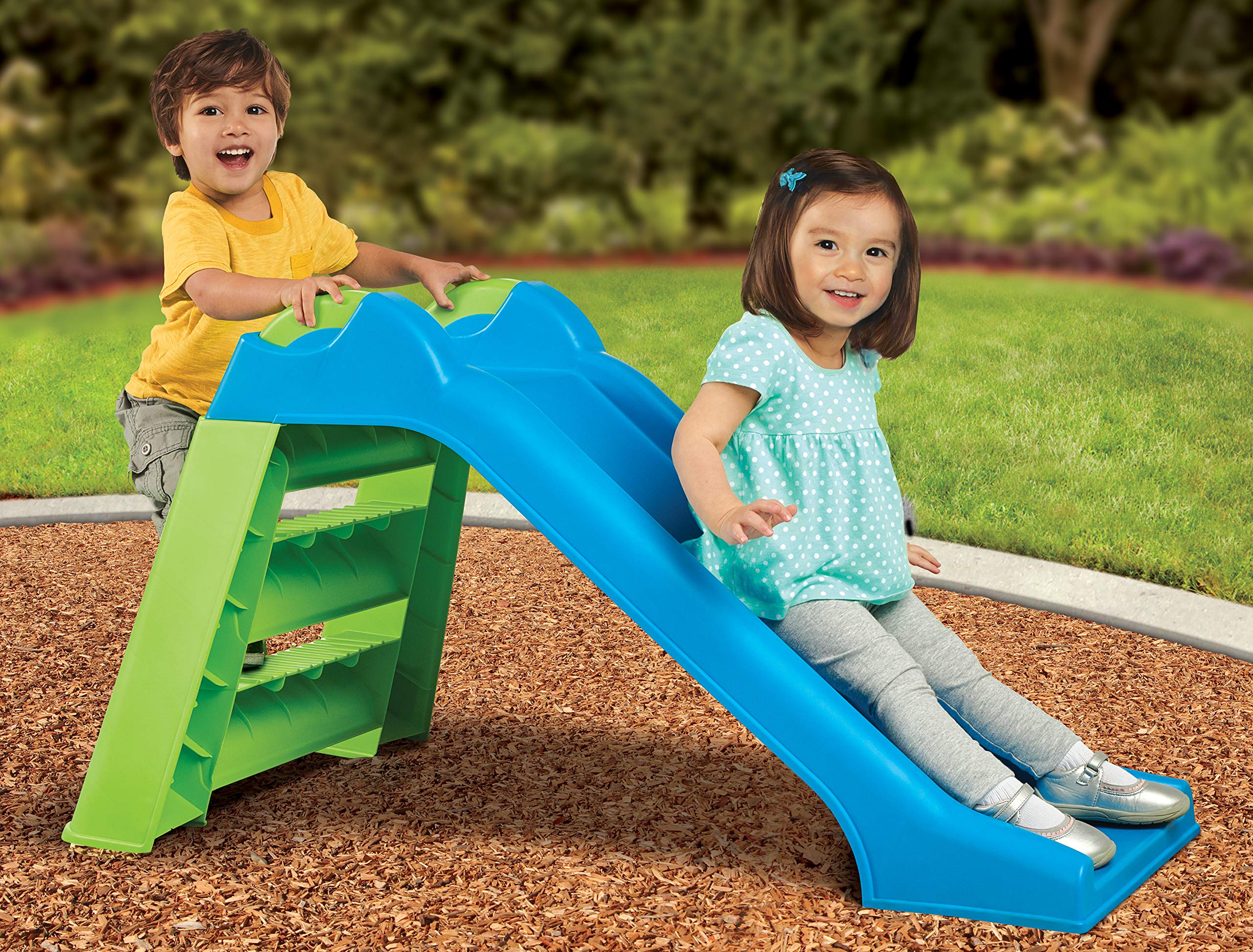 Best American Plastic Toys for Kids - Indoor/Outdoor Deluxe Slide with Safety Features | Green Children's Play Slide for Backyard, Park, Daycare & Playground Fun