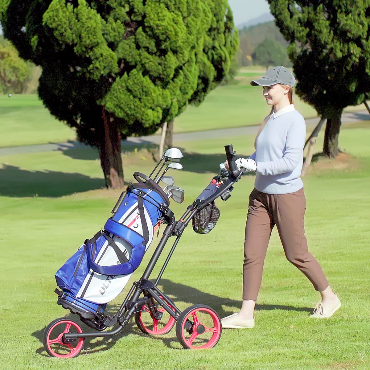 **Tangkula Lightweight Aluminum 3-Wheel Golf Push Pull Cart - Foldable Golf Trolley with Storage Bag, Beverage Holder & Foot Brake - Adjustable Umbrella Holder & 4 Height Positions - Perfect for Golf Courses & Outdoor Sports**