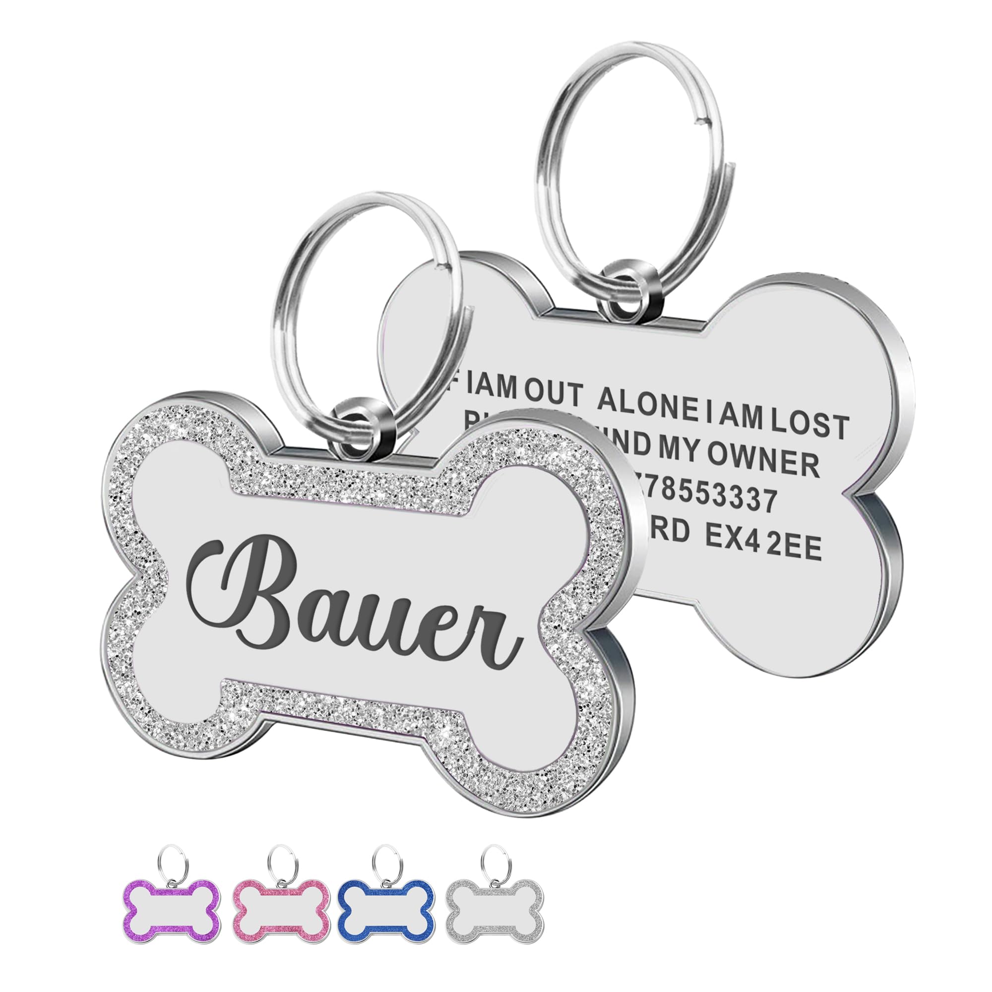 Personalized Glitter Engraved Dog Tags - Custom Name & Text Bone ID Tag for Dogs, Cats, Puppies - Silver Large Bone Shape - Perfect for Pet Collars, Gifts & Daily Identification
