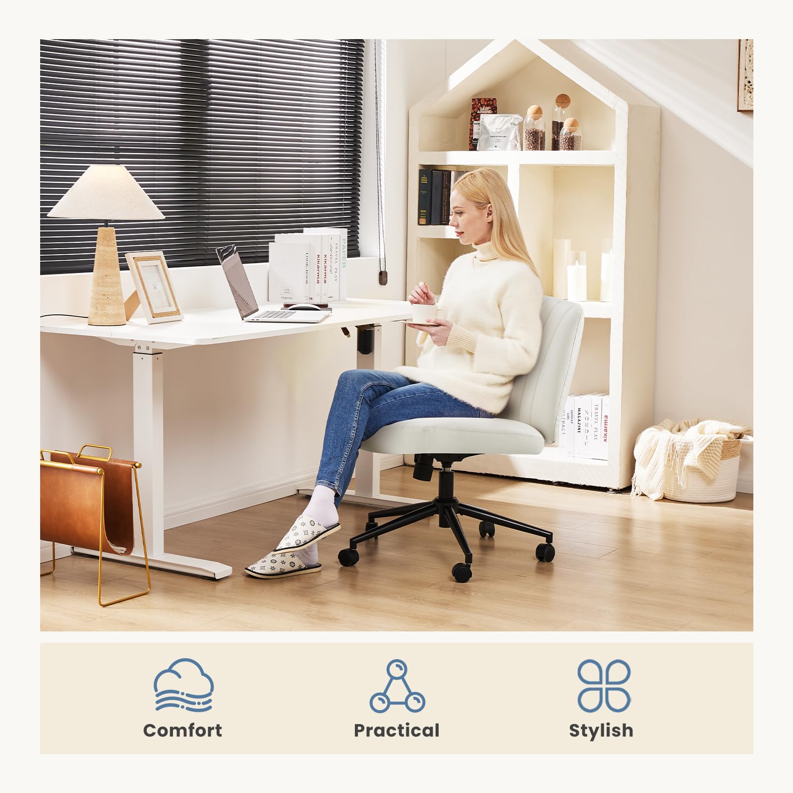 DUMOS Criss Cross Chair with Wheels - Adjustable Swivel Office Chair, Armless Wide Seat with Dual-Purpose Base, Leather Task Vanity Chair for Home Office & Workspace (Cream) - Perfect for Desk Work, Gaming & Study