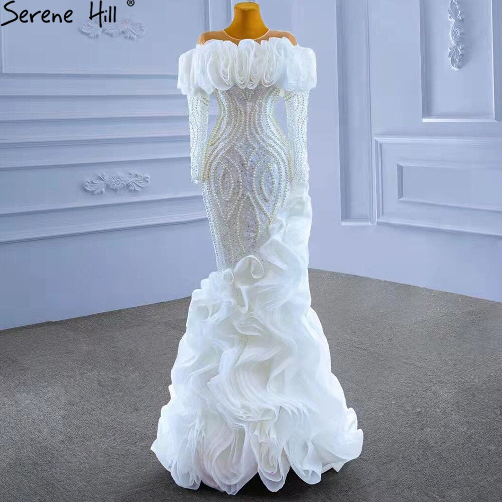Serene Hill White Luxury Ruffles Wedding Dress 2025 - Mermaid Beaded Pearls Elegant Bridal Gown HM67418 for Beach, Church & Formal Weddings