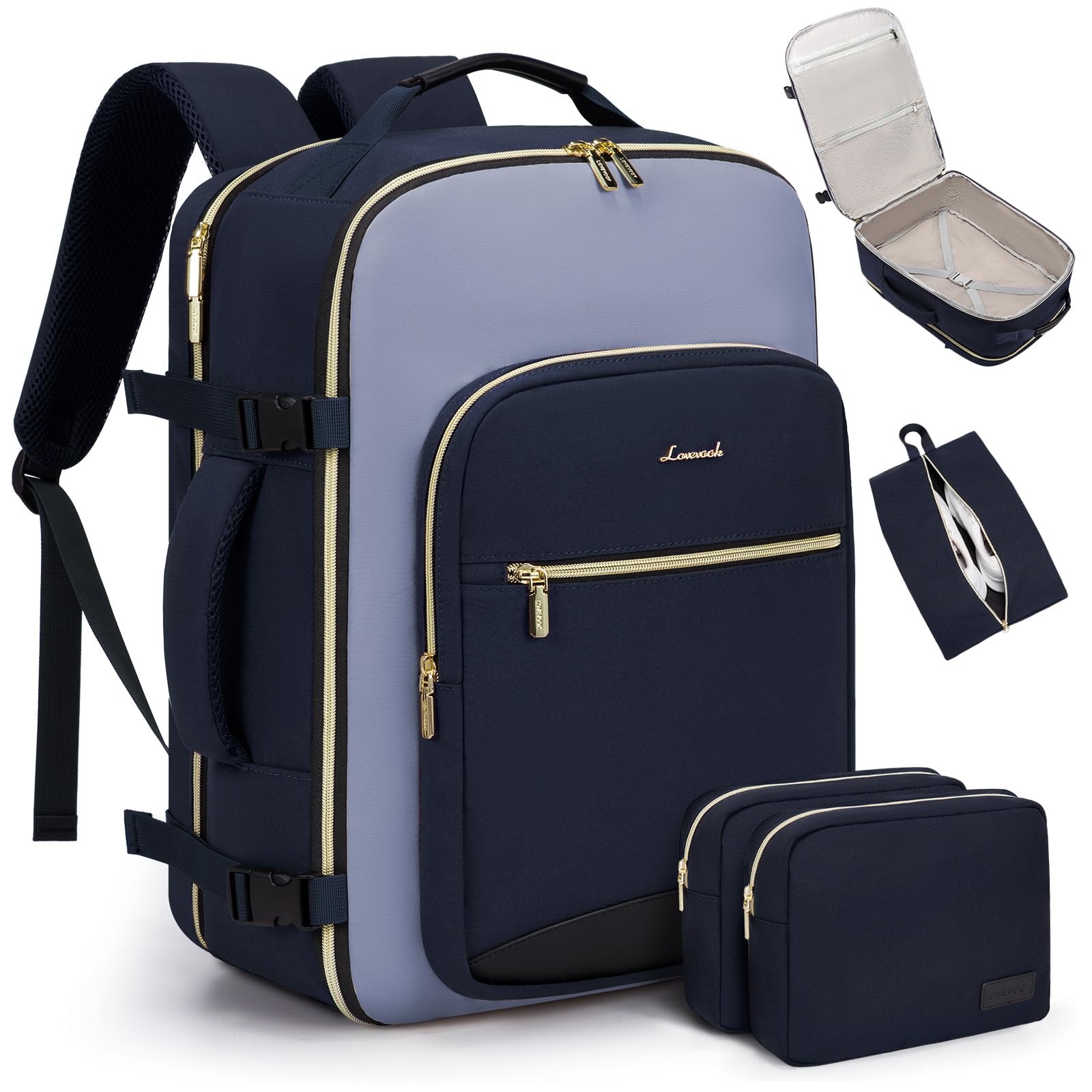 LOVEVOOK 40L Carry On Backpack for Travel - TSA Approved Personal Item Bag with 3 Packing Cubes, Waterproof Airplane Backpack Fits 17