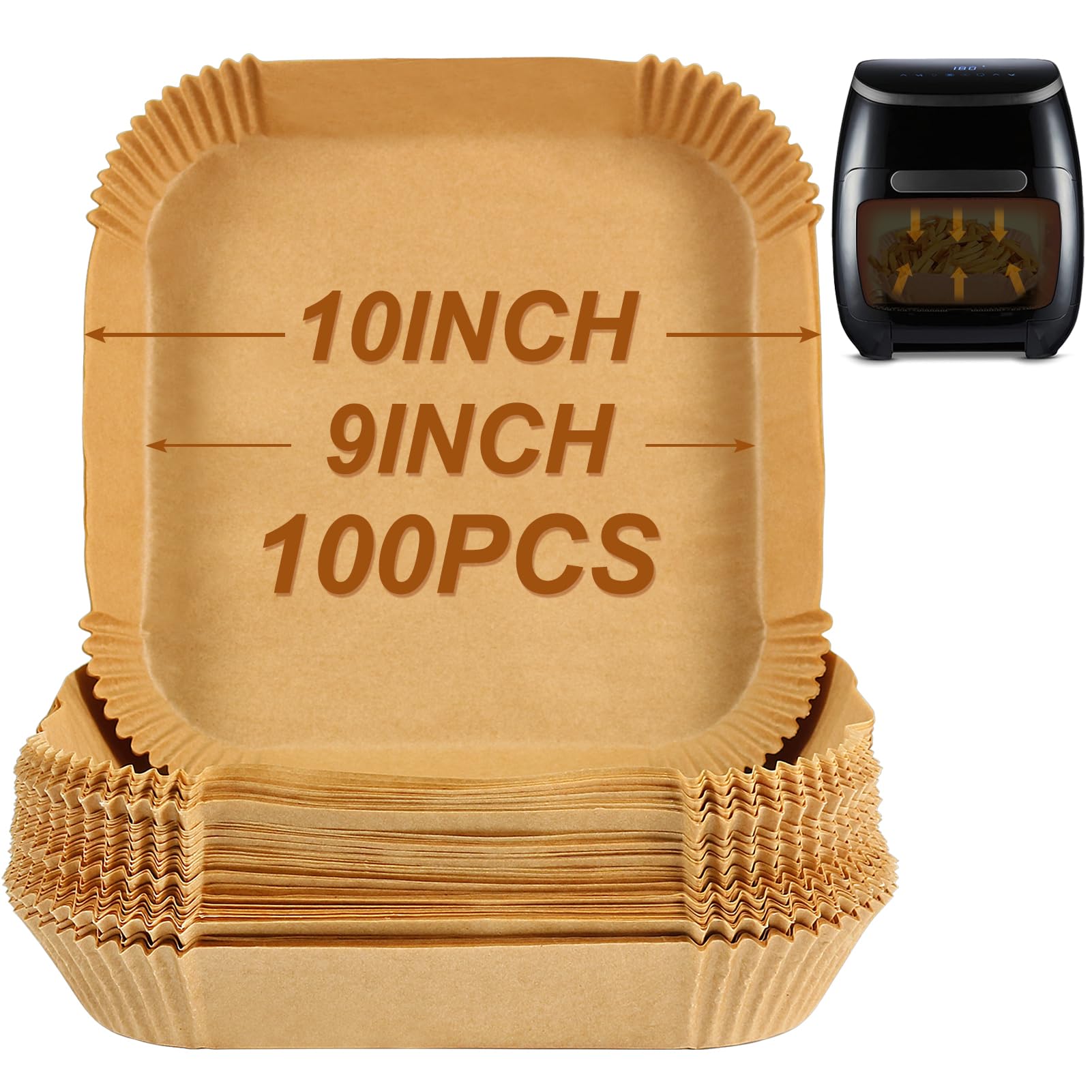 BYKITCHEN 100-Pack 9 Inch Unbleached Air Fryer Liners - Square Nonstick Parchment Paper for COSORI, Ninja, Tower - Perfect for Easy Cleanup & Healthy Cooking