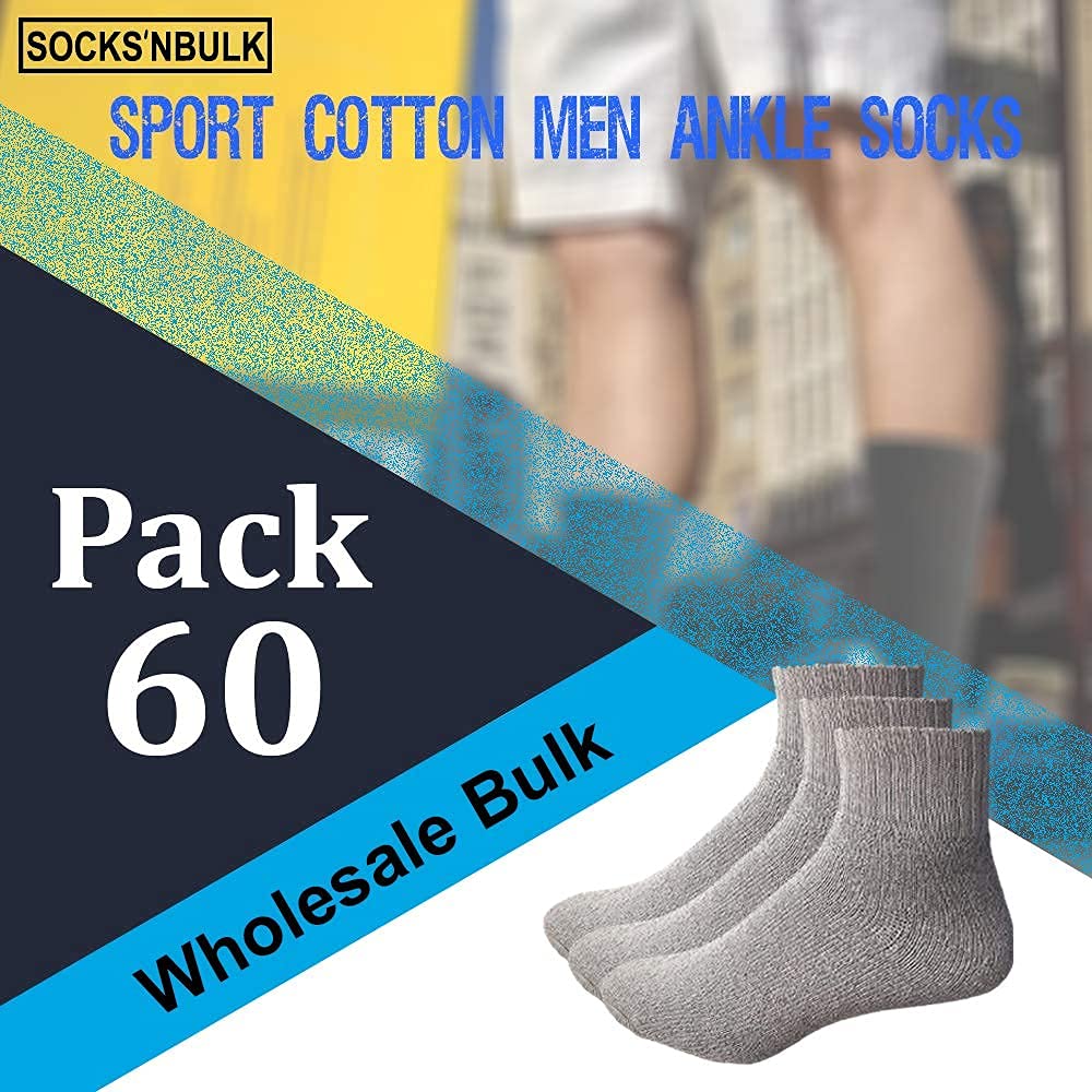 60 Pairs Bulk Wholesale Men's Sport Socks - Cotton Crew, Ankle & Tube Socks for Men (Size 10-13, Gray Ankle) - Perfect for Gym, Running & Everyday Comfort
