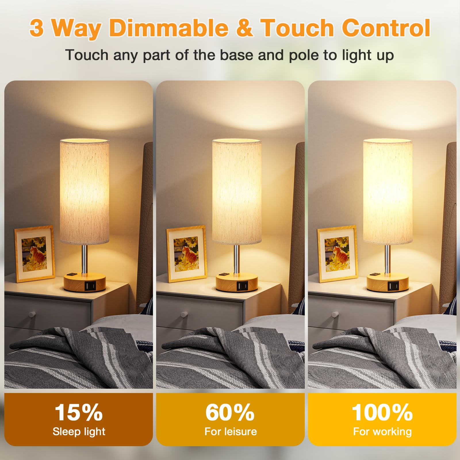Modern Touch Control Table Lamp Set of 2 - 3-Way Dimmable Bedside Lamps with USB-C & USB-A Charging Ports & AC Outlet, Nightstand Lamps for Bedroom, Living Room, Office, Reading Nook - Perfect for Nighttime Reading, Home Decor & Workspace Lighting