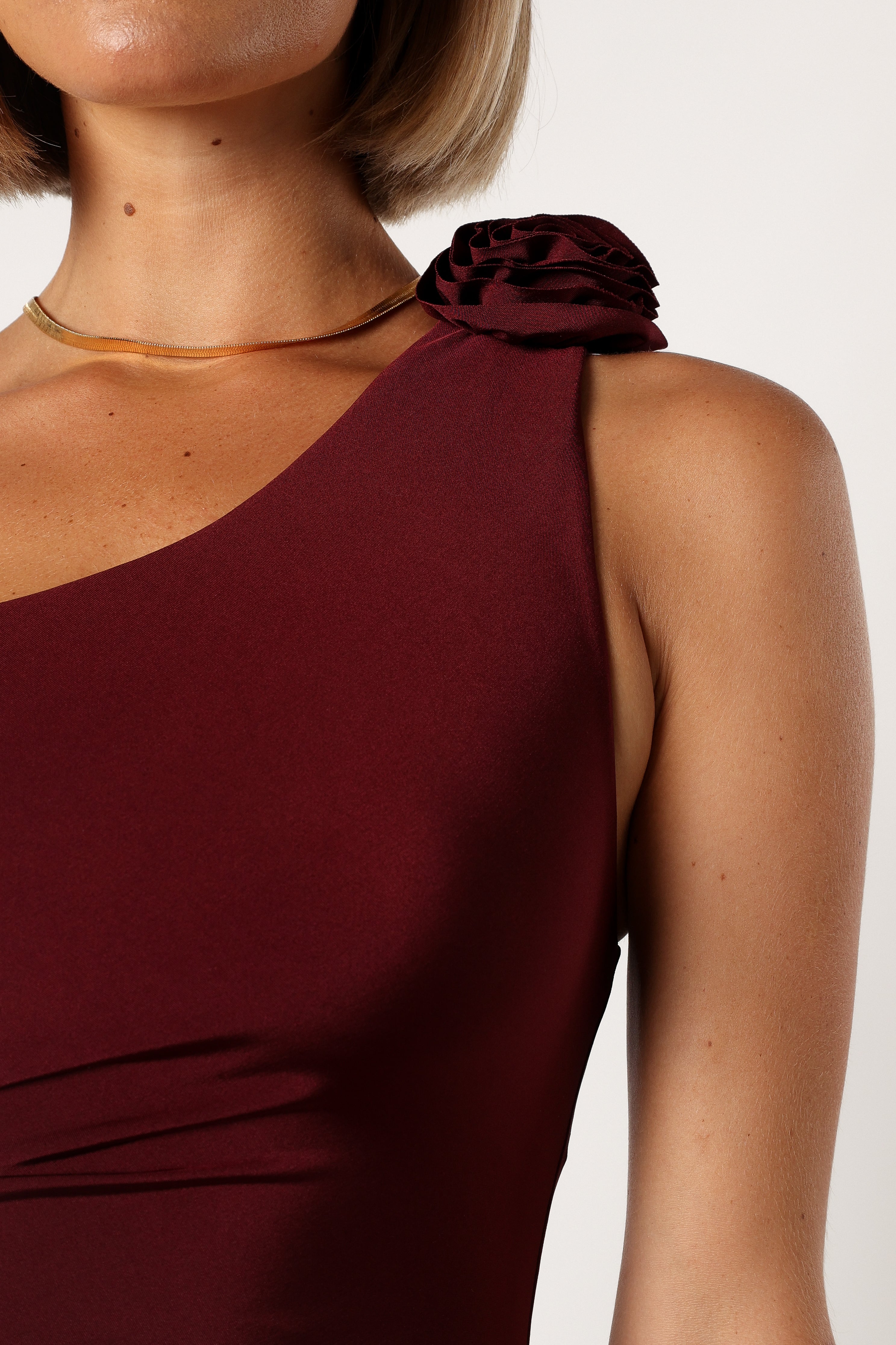Elegant One Shoulder Midi Dress for Women - Wine Red Cocktail Party & Evening Gown - Perfect for Weddings, Date Nights & Special Occasions