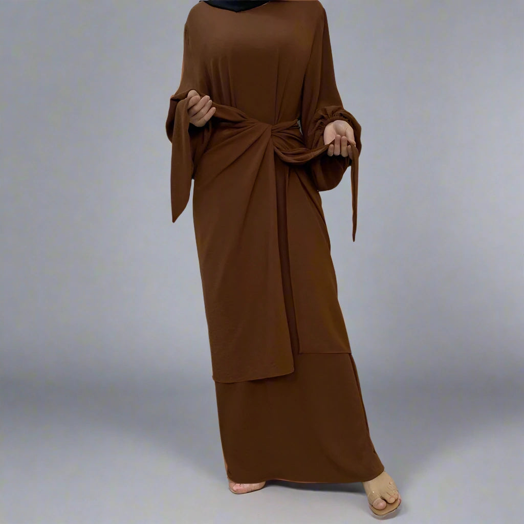 Elegant Solid Color Muslim Women's Abaya Dress with Mid Wrap - Modest Islamic Prayer Dress for Daily Wear & Special Occasions