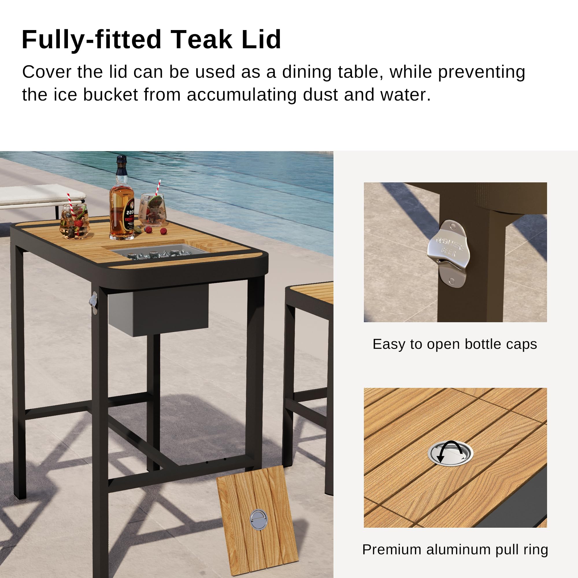 EAST OAK Signature 3-Piece Outdoor Bar Table and Chairs Set - Teak & Aluminum High Top Patio Furniture for Backyard, Poolside, Deck - Weather-Resistant Dark Grey Bistro Set for Entertaining