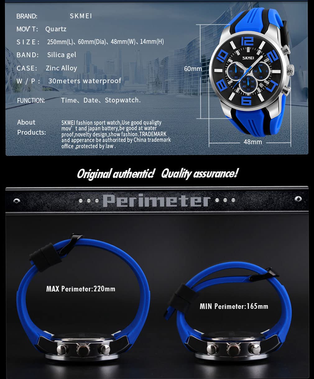 SKMEI Men's Waterproof Sports Watch - Large Face Analog Quartz Chronograph with Silicone Band, Luminous Hands, Luxury Black Design - Perfect for Running, Gym, Outdoor Activities & Casual Wear