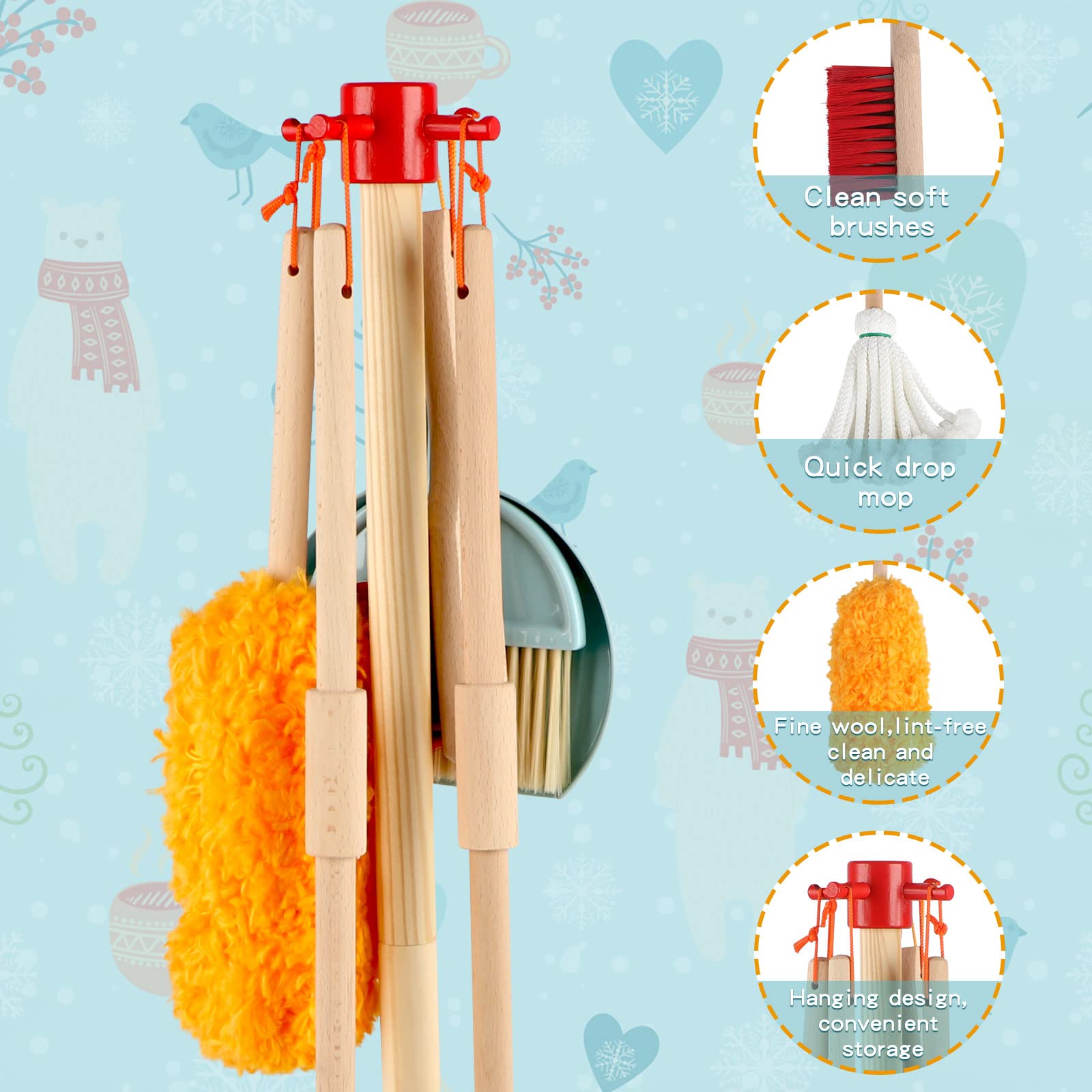 Qilay 7-Piece Kids Cleaning Set - Wooden Broom, Dustpan & Brush for Toddler Pretend Play & Housekeeping