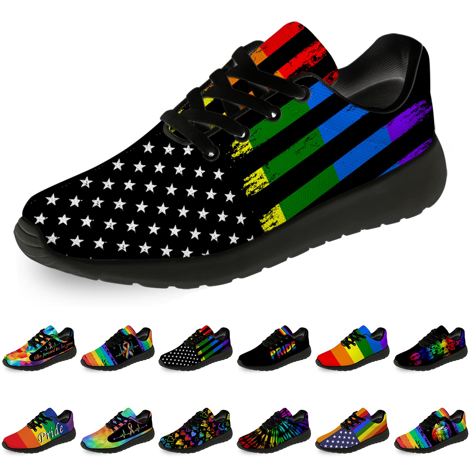 **Rainbow Pride Running Shoes for Men & Women - LGBTQ+ Sneakers with American Flag Design - Comfortable Walking & Tennis Shoes - Size 12 Men/15 Women - Black - Perfect for Pride Parades, Workouts & Casual Wear**