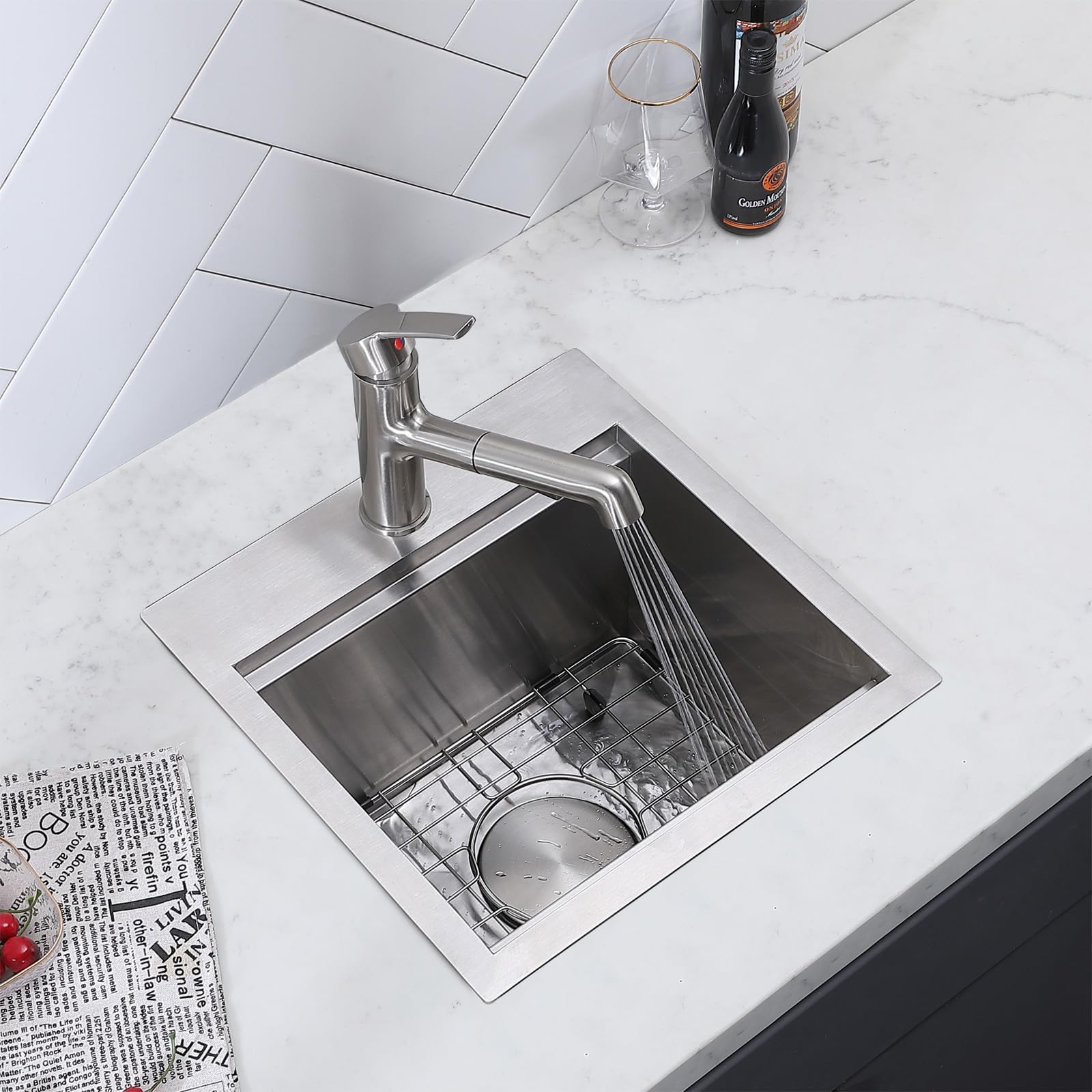 Friho 15 x 15 Inch Stainless Steel Single Bowl Topmount Kitchen Sink - Handmade Bar Prep Sink for Outdoor RV Use with Cutting Board | Perfect for Small Kitchens, Food Prep, and Camping