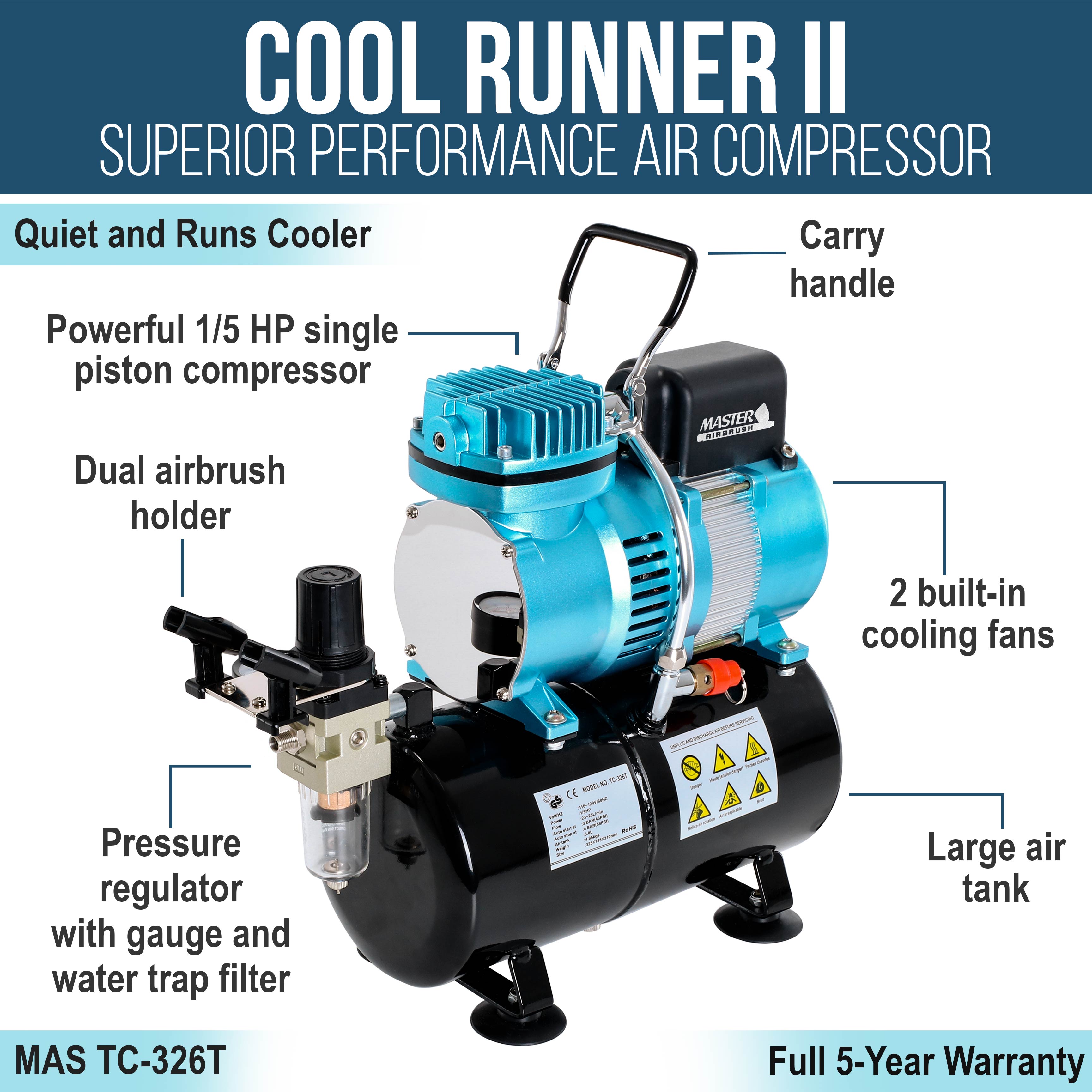 Cool Runner II Dual Fan Air Storage Tank Compressor System Kit with Master Elite Plus Airbrush Set – Professional 0.3mm Tip for Model Painting, Cake Decorating & Tattoo Art – Includes Portable Case