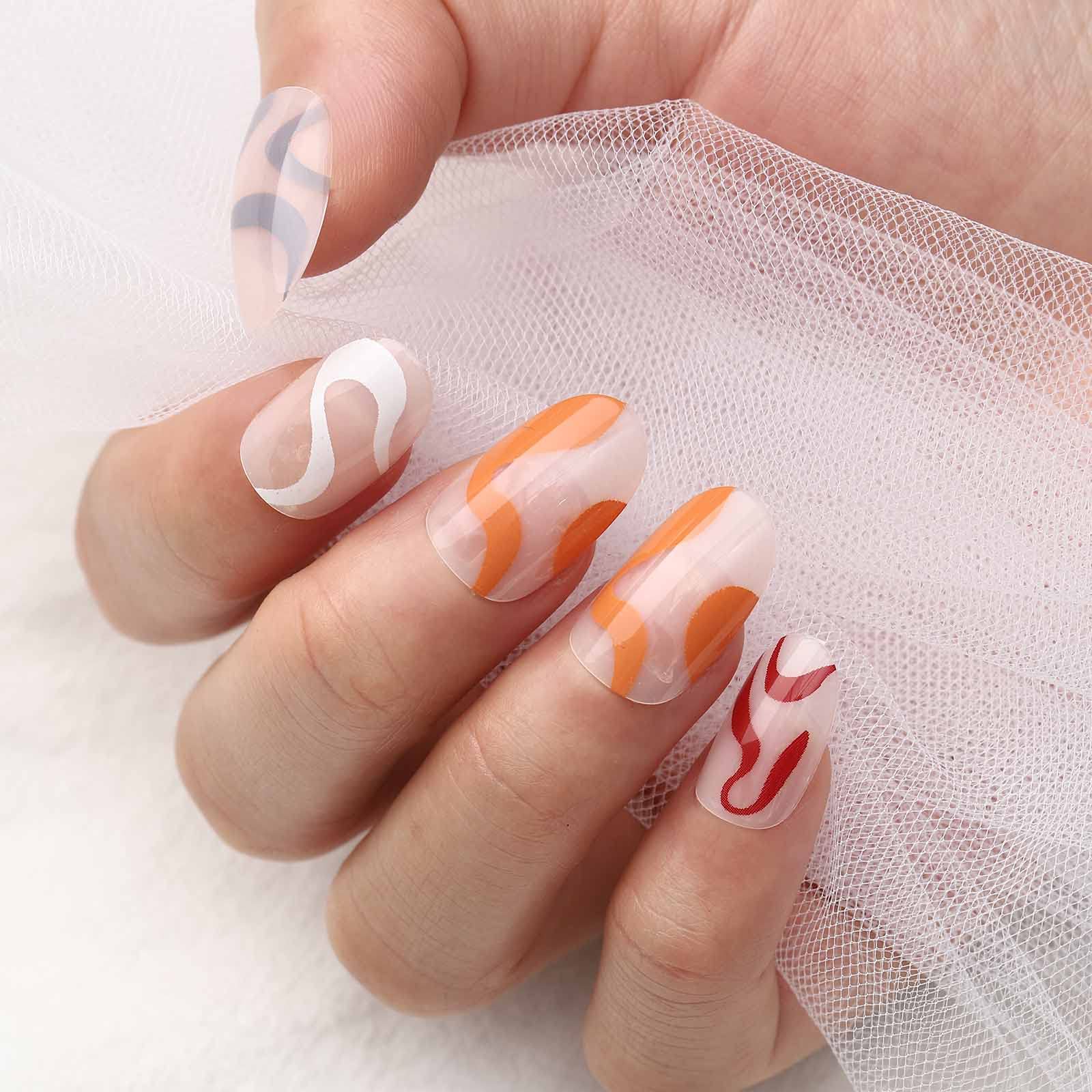 Acenail Medium Length Press on Nails - Glossy French Tip False Nails with 3D Designs | 24Pcs Clear Full Cover Artificial Acrylic Nails for Women & Girls (#8 Oval Line) | Perfect for Parties, Weddings & Everyday Wear