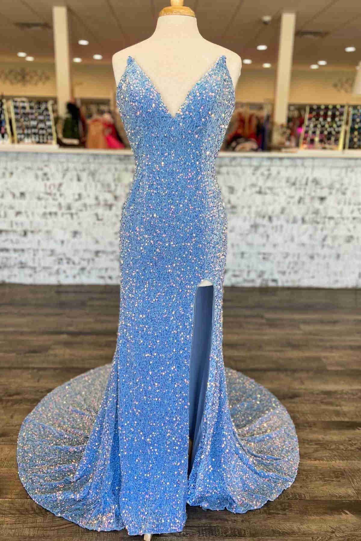 Sparkling Long Light Blue V-Neck Iridescent Prom Dress with Sequins & High Slit - Elegant Formal Gown for Homecoming, Evening Party & Special Occasions