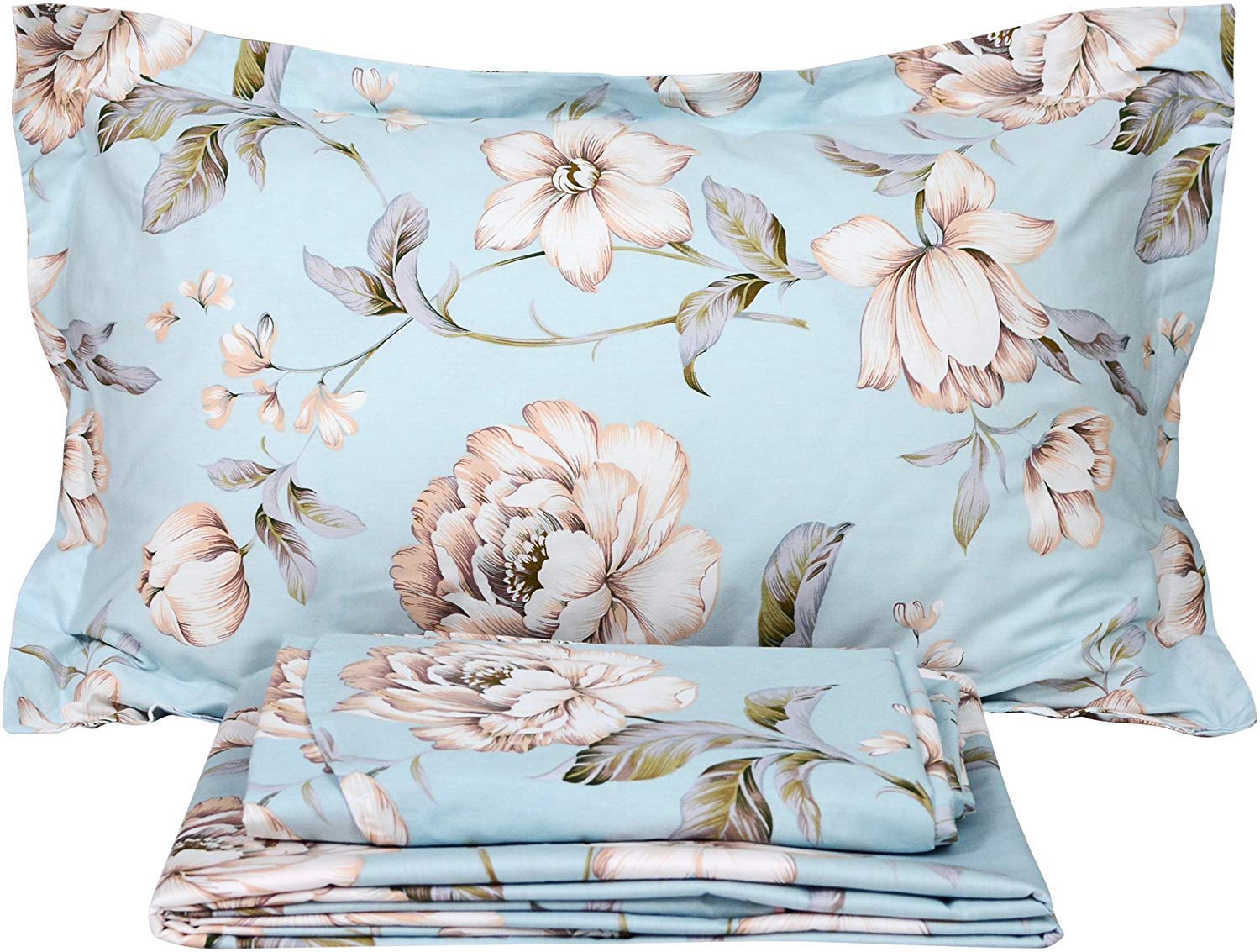 FADFAY Shabby Floral Bed Sheet Set California King - 100% Cotton Farmhouse Style Bedding Set (4 Piece: Flat Sheet, Fitted Sheet & 2 Pillowcases) for Cozy Bedroom Decor & Guest Room Upgrade