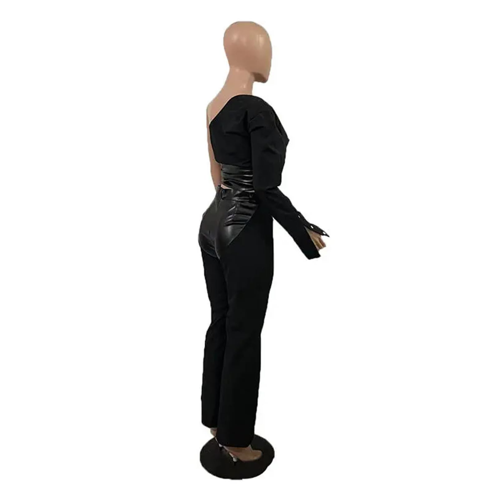 Women's Faux Leather Patchwork One Shoulder Crop Top & Wide Leg Pants Suit Set - Trendy Two Piece Outfit for Night Out, Party, or Date Night