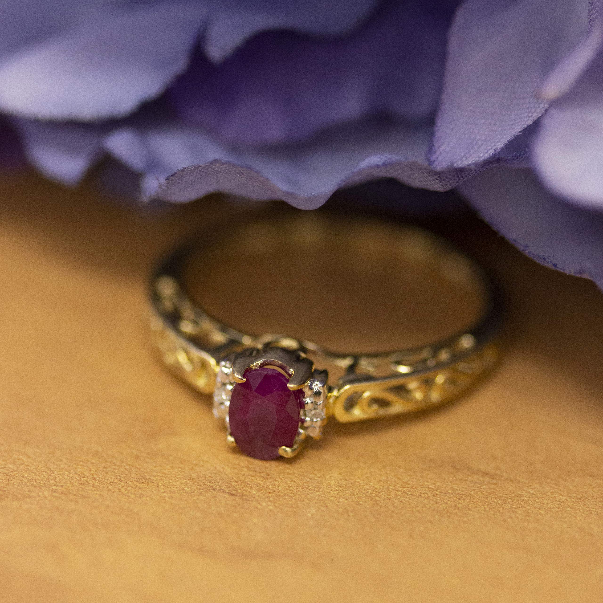 10K Yellow Gold Oval Ruby and Diamond Ring for Women - Elegant Vintage Style Engagement & Wedding Band - Perfect for Anniversaries, Proposals, and Special Occasions