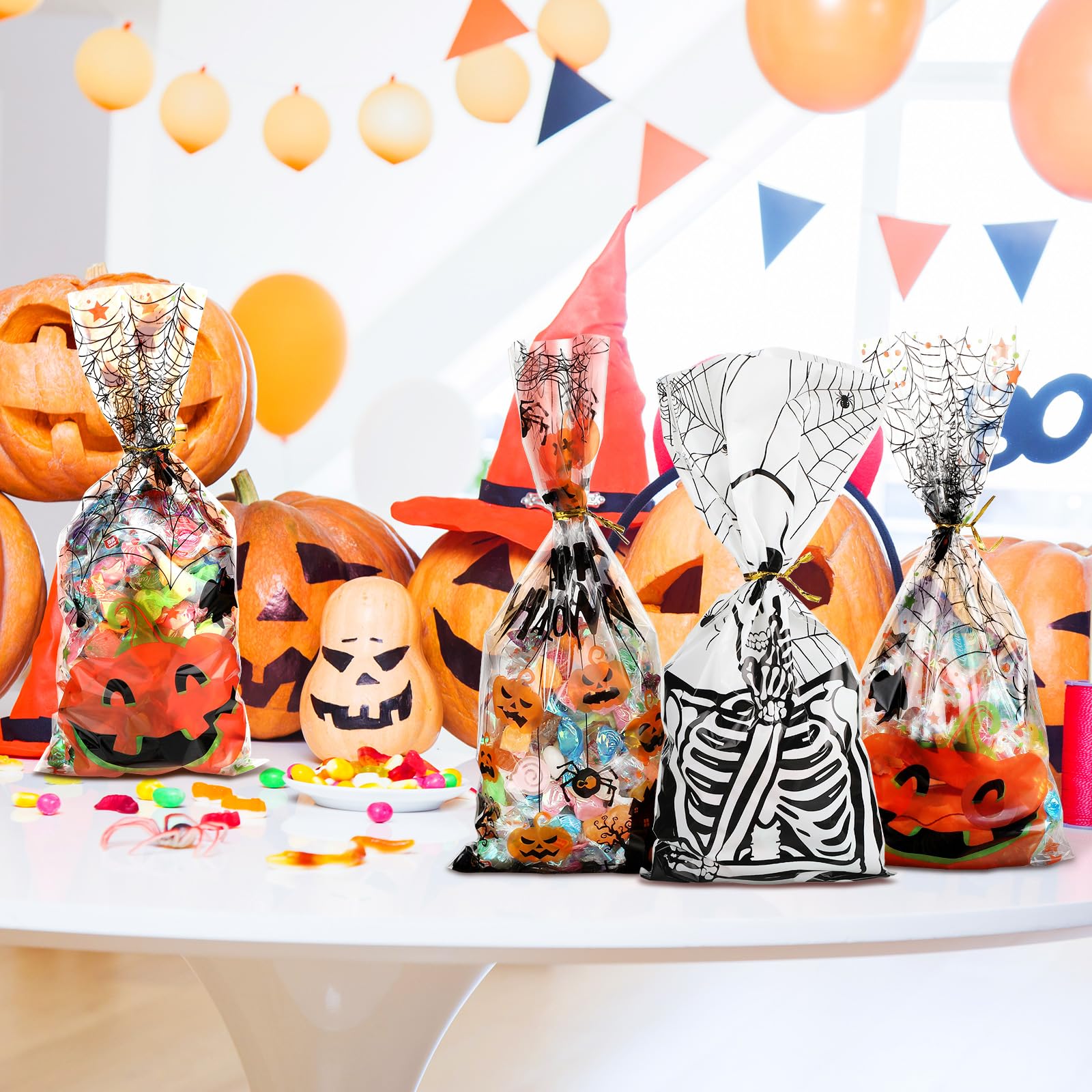 Zonon 180-Piece Halloween Cellophane Treat Bags Set - Transparent Candy Wrappers with 200 Ties for Pumpkin Skull Bat Party Favors | Perfect for Halloween Trick-or-Treating, Classroom Treats & Party Gift Bags
