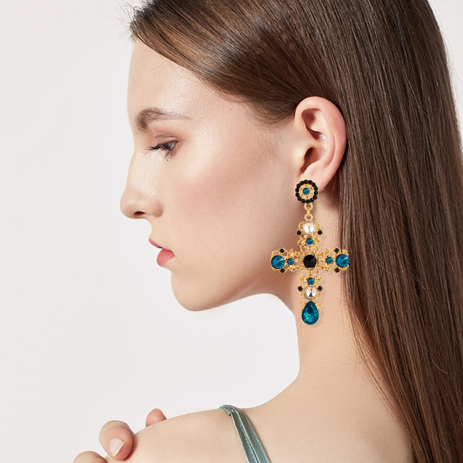Stylish Gold Cross Red Heart Earrings with Sparkling Crystals - Baroque Hollow Drop Dangle Earrings for Women & Teens | Perfect for Parties, Gifts & Special Occasions