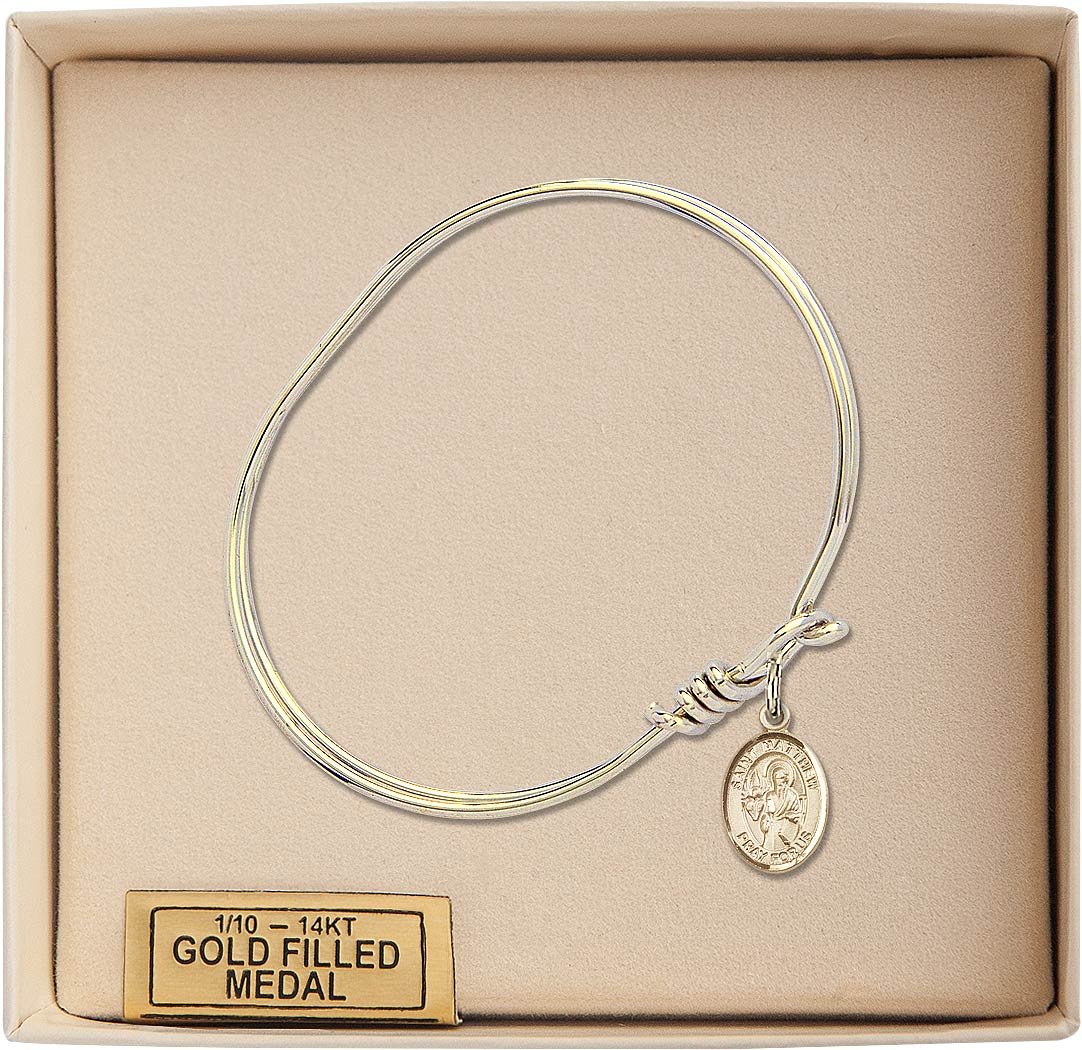 Gold-Filled Oval Eye Hook Bangle Bracelet with St. Matthew The Apostle - Elegant Religious Jewelry for Women, Perfect for Church, Weddings & Special Occasions